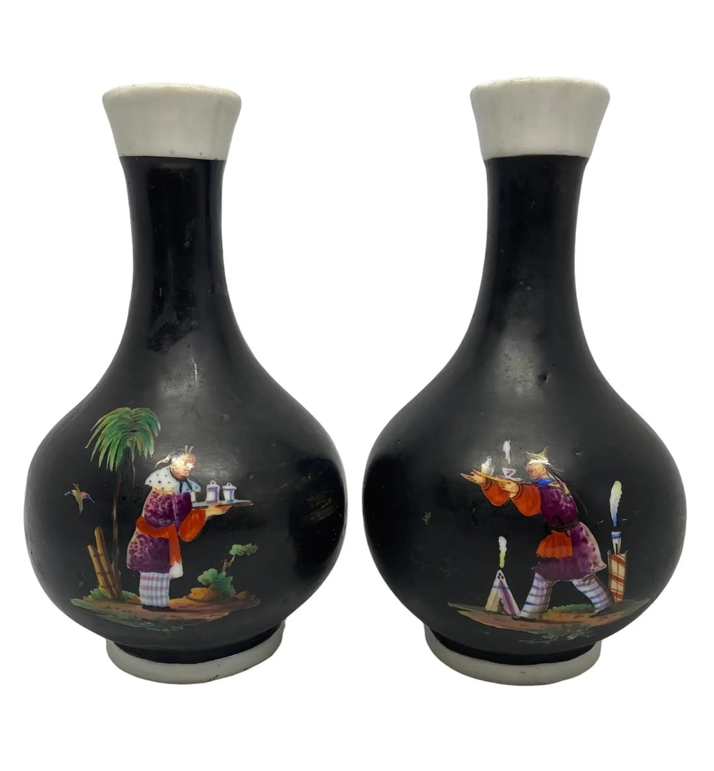 Vintage Mid 20th Century Asian Handcrafted Porcelain Black & White Vases With Four Decorative Scenes - 13
