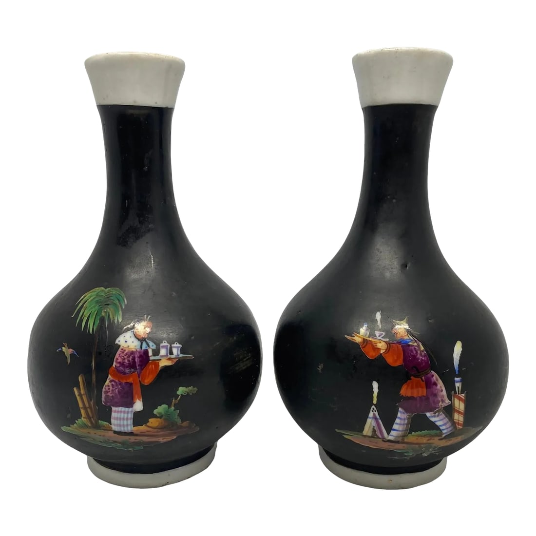 Vintage Mid 20th Century Asian Handcrafted Porcelain Black & White Vases With Four Decorative Scenes: Vintage Asian Handcrafted Porcelain Black & White 6 1/2" Vases With Four Decorative Scenes - a Pair. This Pair of Vases are in Very Good vintage condition with a few minor imperfections. One Vase has 