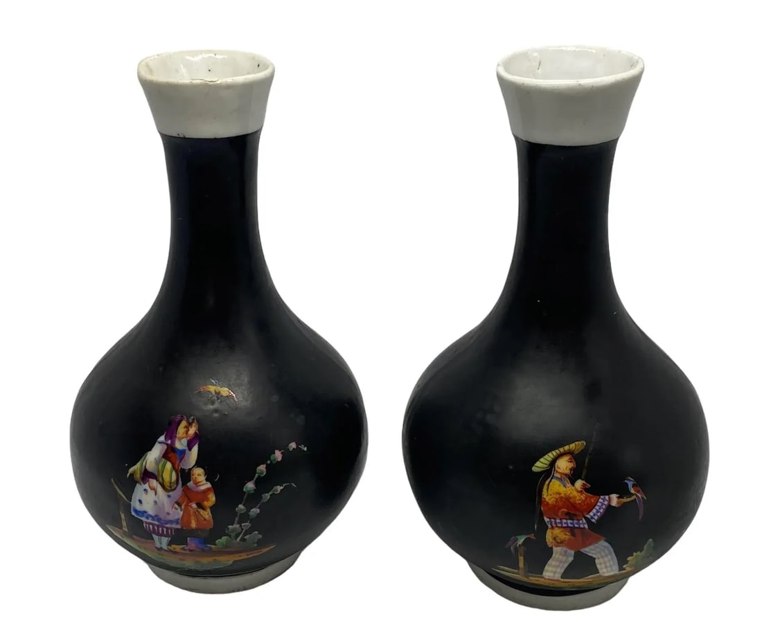 Vintage Mid 20th Century Asian Handcrafted Porcelain Black & White Vases With Four Decorative Scenes - 4