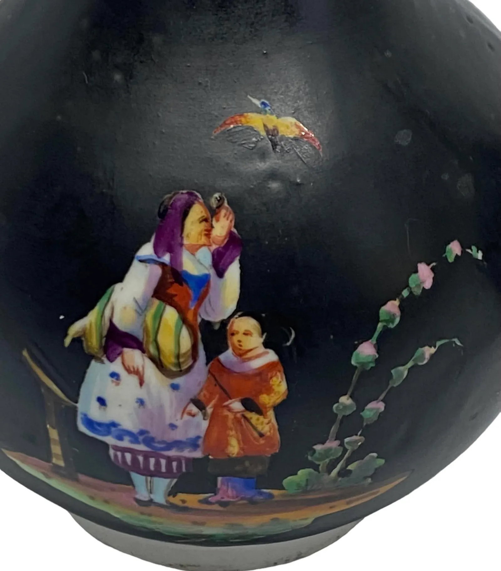 Vintage Mid 20th Century Asian Handcrafted Porcelain Black & White Vases With Four Decorative Scenes - 5