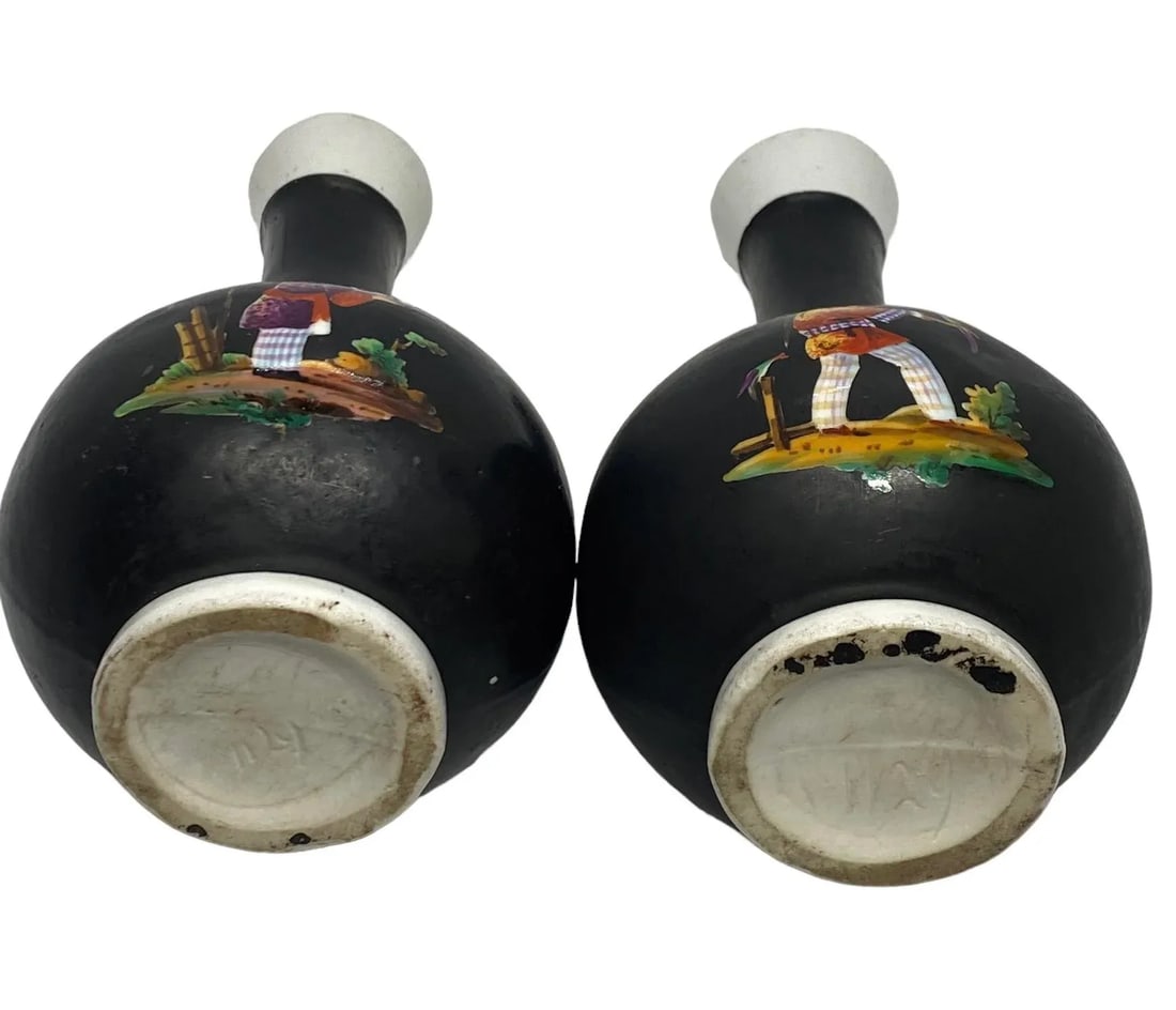Vintage Mid 20th Century Asian Handcrafted Porcelain Black & White Vases With Four Decorative Scenes - 8