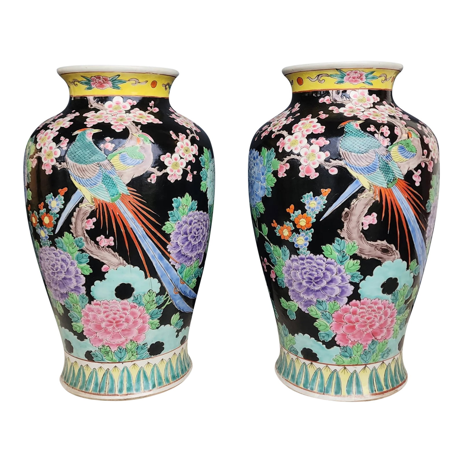 Pair of Large Mid-Century Japanese Famille Noire Vases: Stunning, very large heavy pair of Japanese famille noire vases that have had a previous life as lamp bases. They feature a rainbow of colorful flowers and a pair of phoenixes on a shiny black ground.