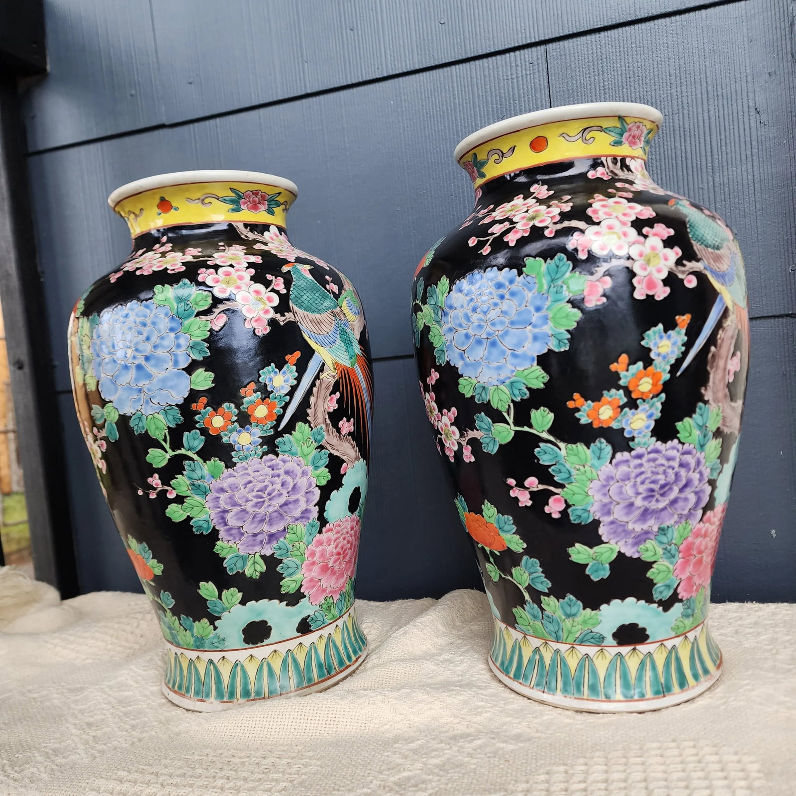Pair of Large Mid-Century Japanese Famille Noire Vases - 3