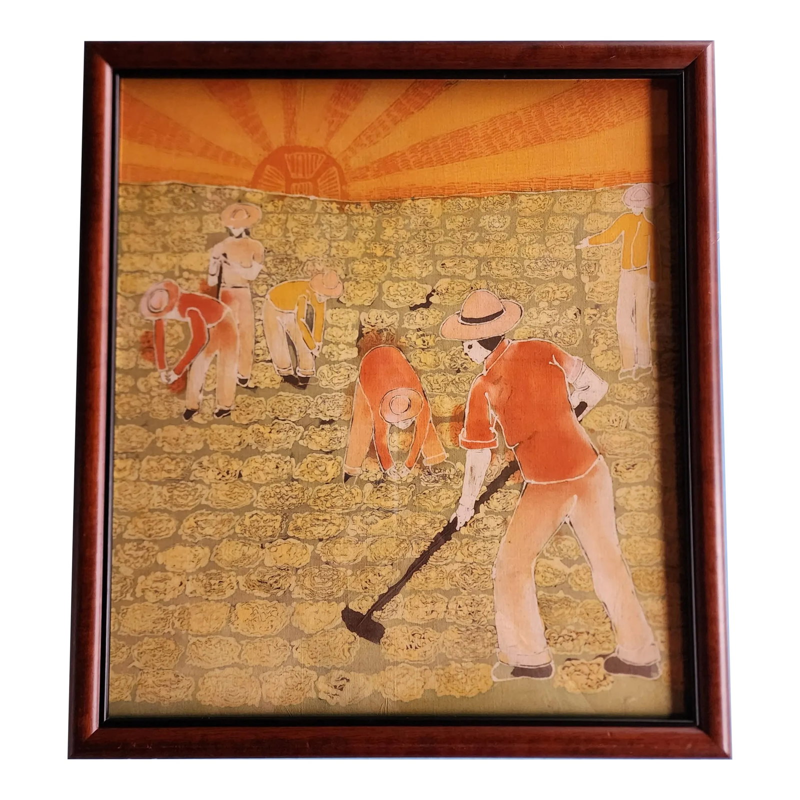 Vintage Mid Century Framed Batik Working the Fields: Workers in the field under a large bright sun on this vintage unsigned framed batik. Condition: Alterations: Original Condition Unaltered Imperfections: Some Imperfections Condition Notes: Good