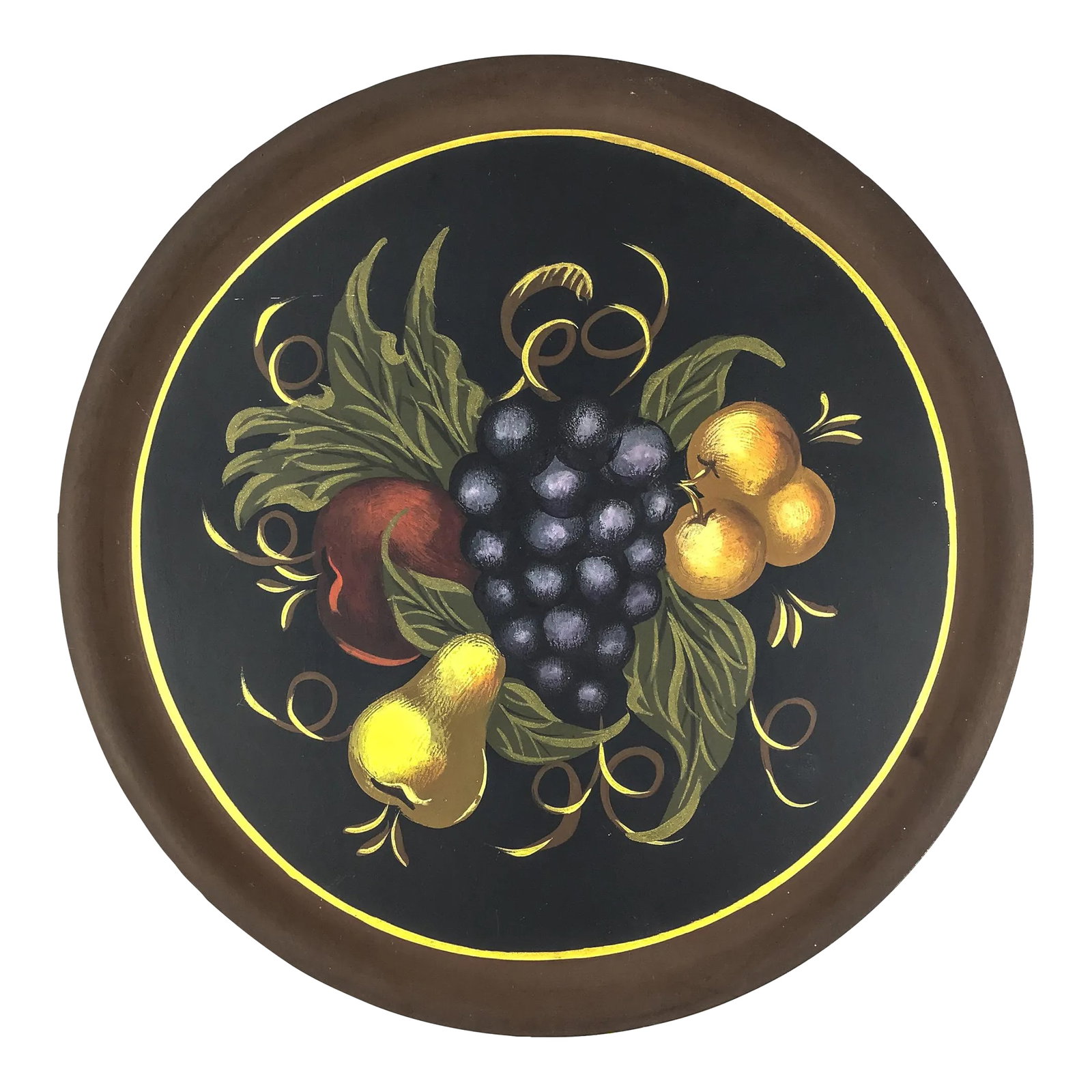 Large Hand Painted Vermont Artisan Wood Platter: Beautiful platter with grapes, apple, pear and plum hand painted and ready for entertaining. In gift worthy condition and ready to use. Condition: Alterations: Original Condition Unaltered