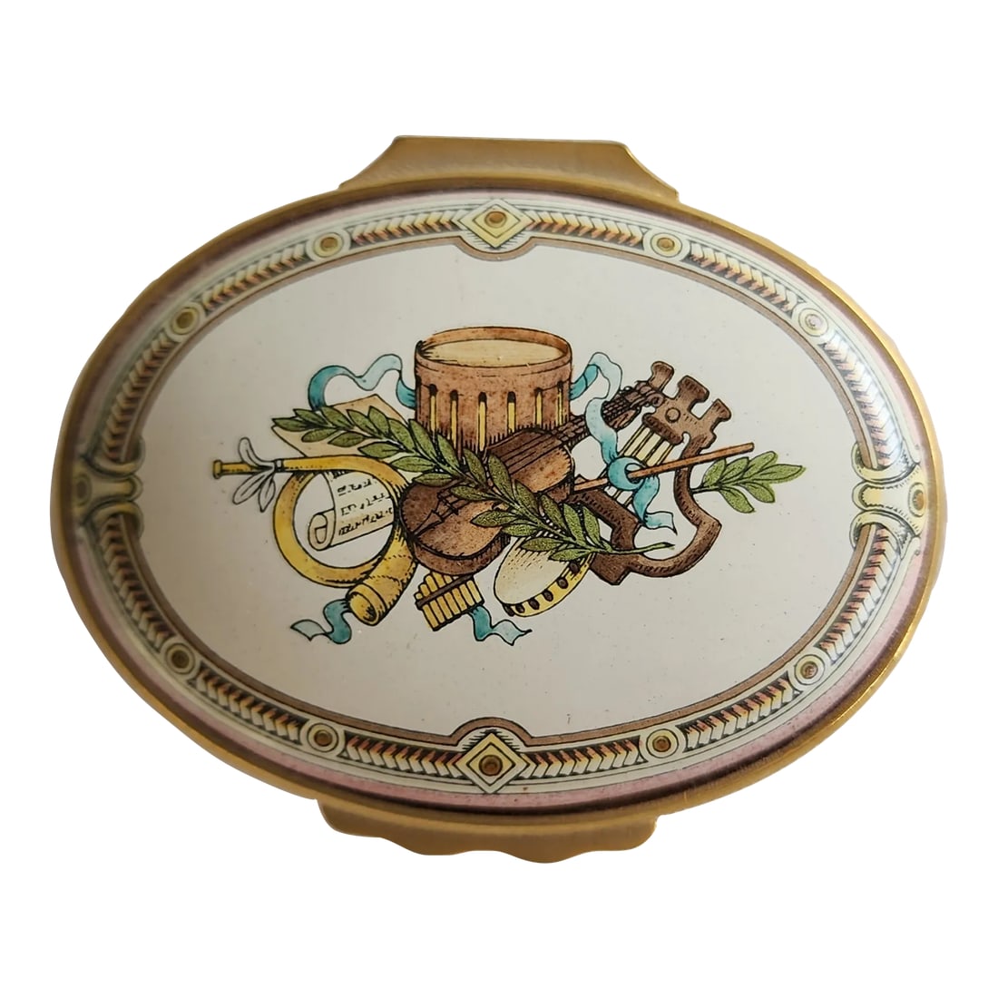 1984 Halcyon Days Enamel Collectible Box Celebrating Metropolitan Opera House: Halcyon Days enameled box. The Design of the box represents the curtain of the first Metropolitan Opera House at Broadway and 39th (1883 - 1966). Designed Box with Musical Instruments on the top of