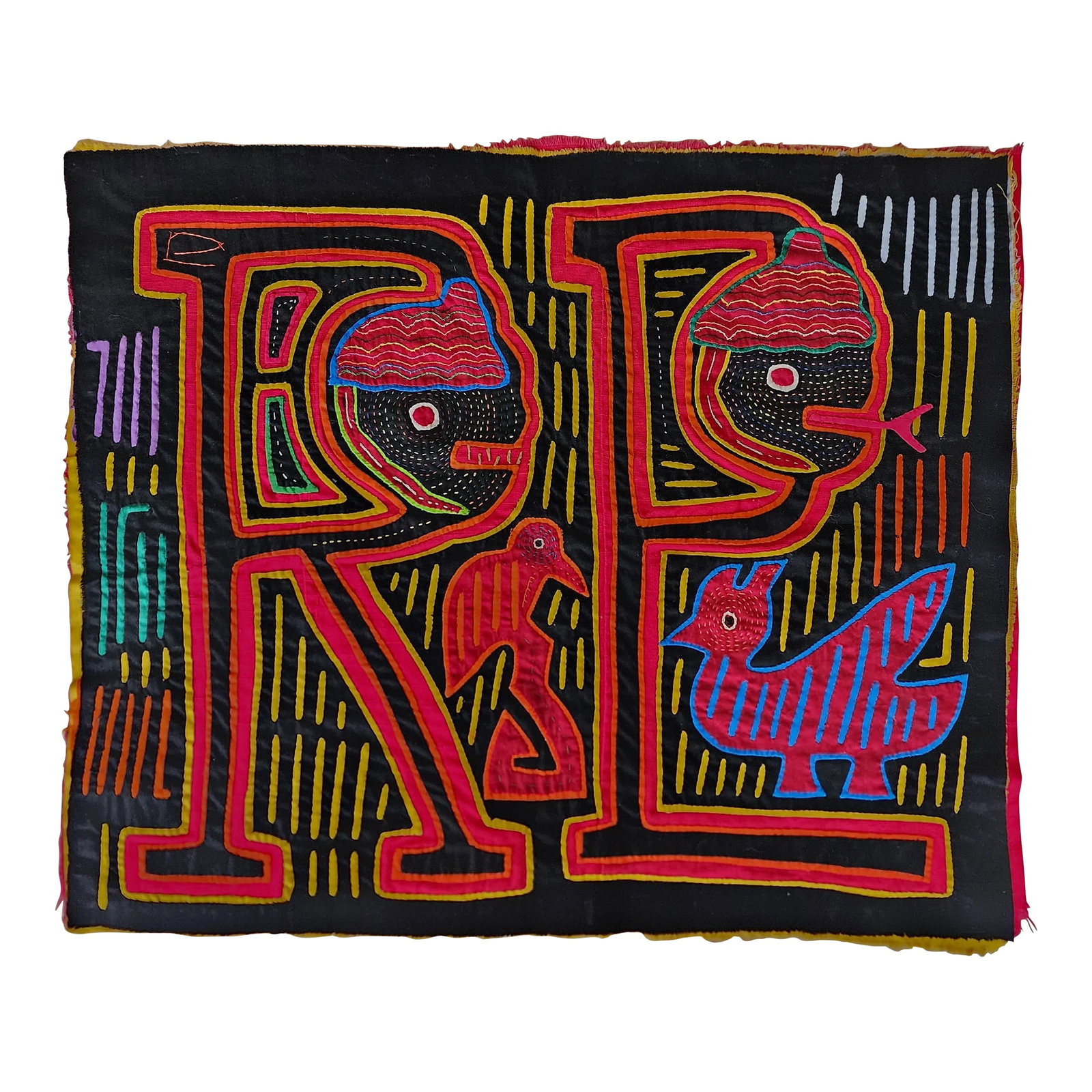 Vintage Kuna Mola Textile Panel: Vibrant Kuna Mola textile art, originally made to wear as front or back of women's garments. This piece would look great made into wall art, or made into a colorful one of a kind pillow. This fine exa