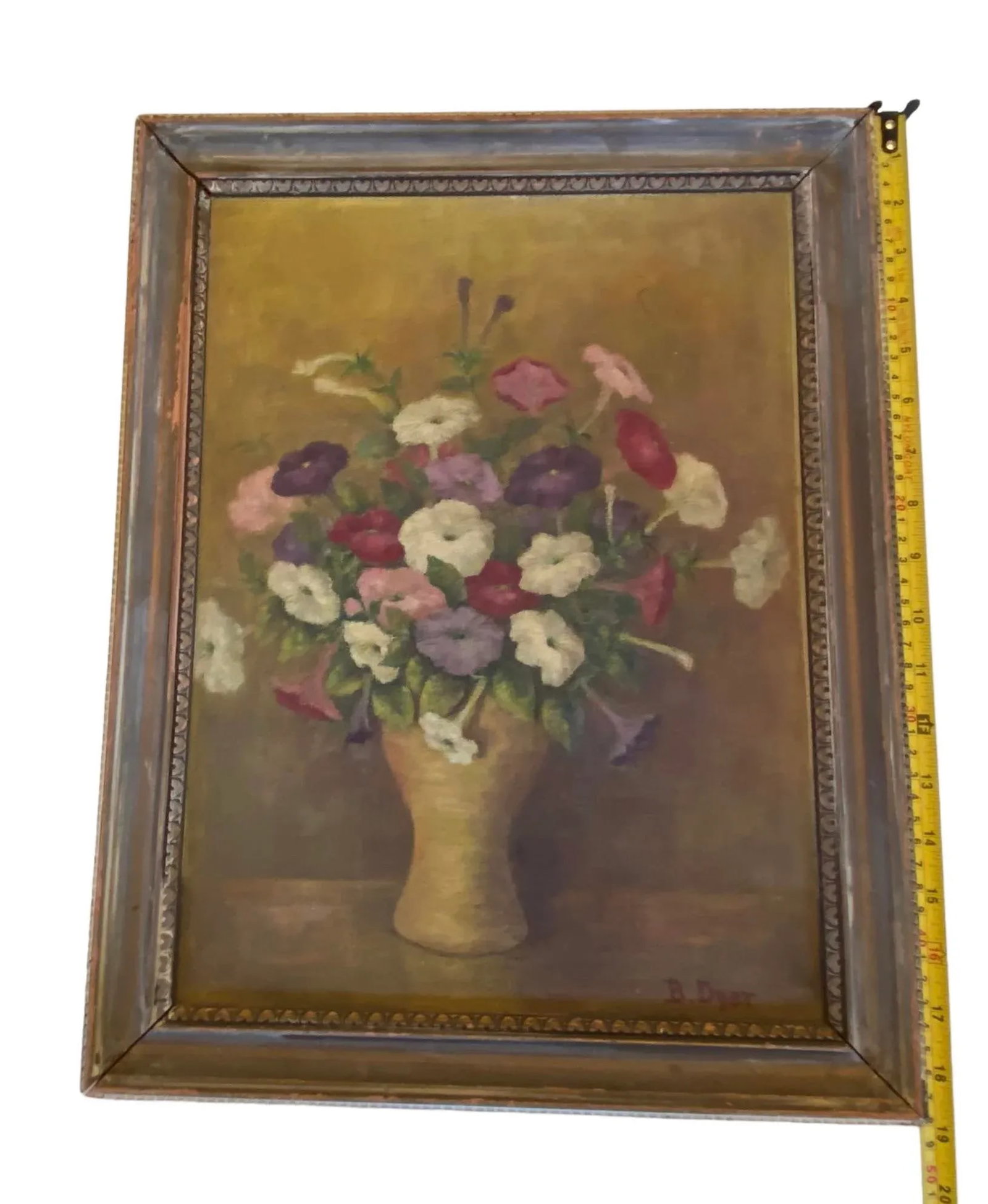 Early 20th Century "Petunias Floral Still Life" Oil Painting on Board Artist B Dyer - 10