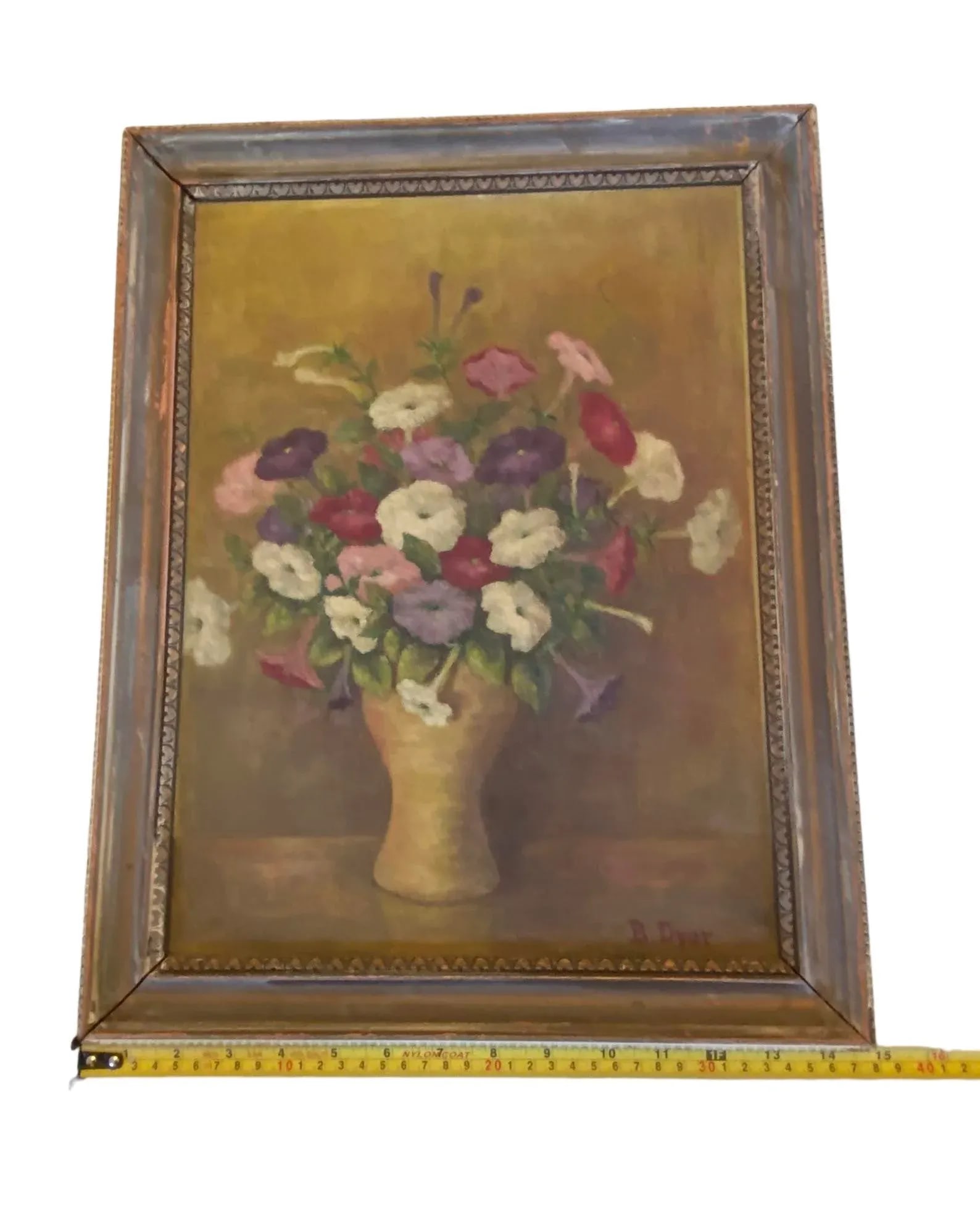 Early 20th Century "Petunias Floral Still Life" Oil Painting on Board Artist B Dyer - 11