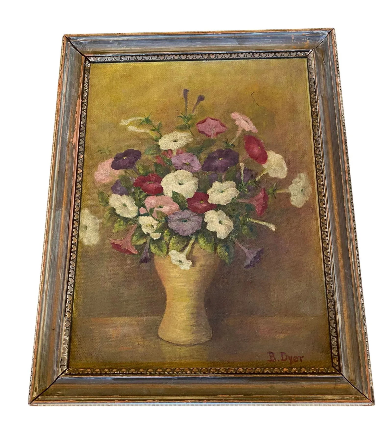 Early 20th Century "Petunias Floral Still Life" Oil Painting on Board Artist B Dyer - 12