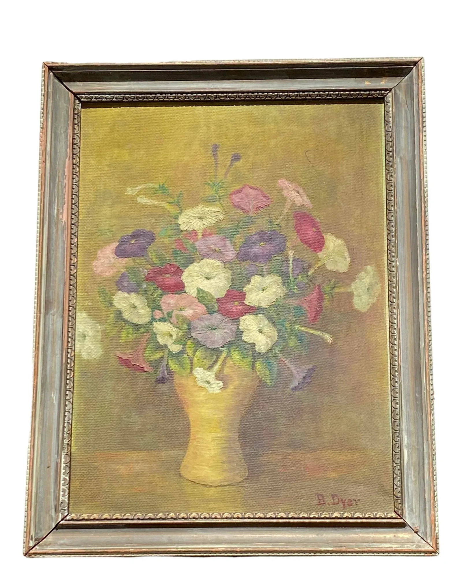 Early 20th Century "Petunias Floral Still Life" Oil Painting on Board Artist B Dyer - 13
