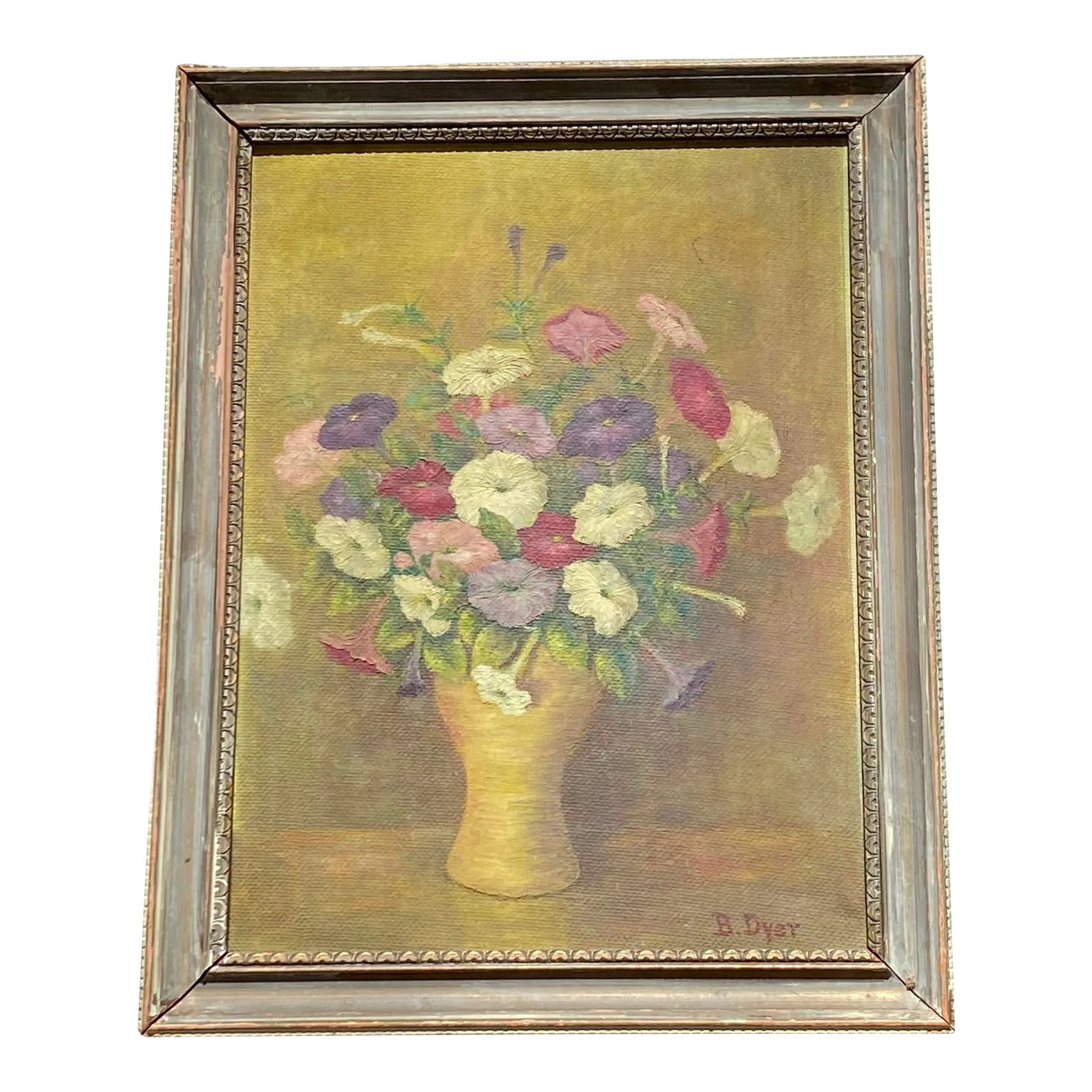 Early 20th Century "Petunias Floral Still Life" Oil Painting on Board Artist B Dyer: Early 20th Century "Petunias Floral Still Life" Oil on Board Artist B. Dyer. This beautiful painting shows a vase of petunias on a table and has subtle rich colors including purple, pink, white, rose 