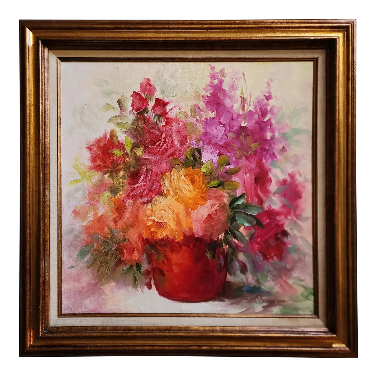 Late 20th Century Impressionist Style Still Life Painting of a Bouquet of Bright Flowers by E. Frost: Impressionistic style brightly colored painting of a bouquet of pink, orange, and red flowers by E. Frost Andrews. Framed painting measures 31 by 32 inches. Condition: Alterations: Original Condition
