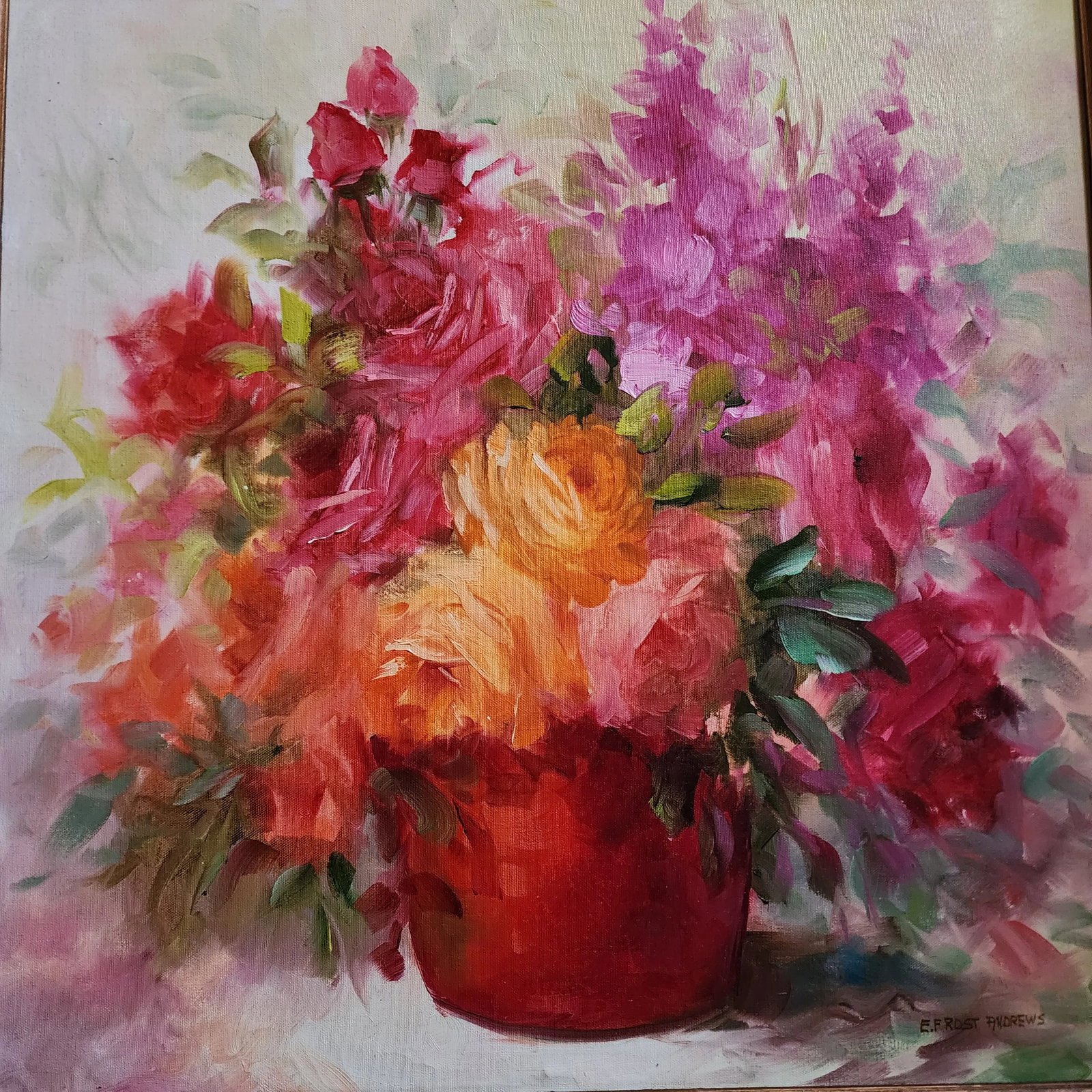 Late 20th Century Impressionist Style Still Life Painting of a Bouquet of Bright Flowers by E. Frost - 2