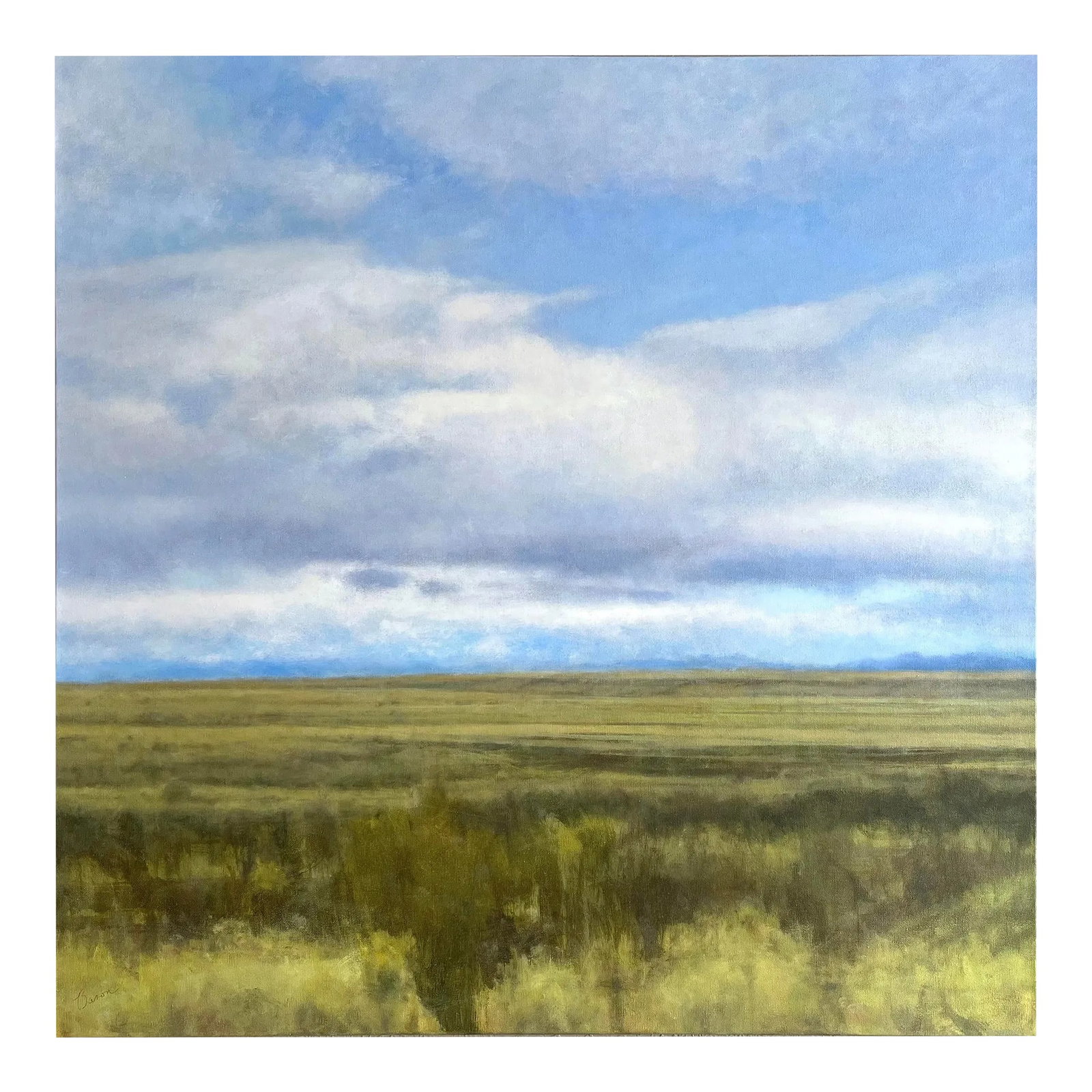 Western Landscape Painting - Big Sky Montana Summer Prairie by James Bason: Entitled "Attune" - this 36" x 36" landscape captures the endless possibilities of a summer day on the Montana priaire The work of renowned Montana artist James Bason it is oil, and cold wax on canvas