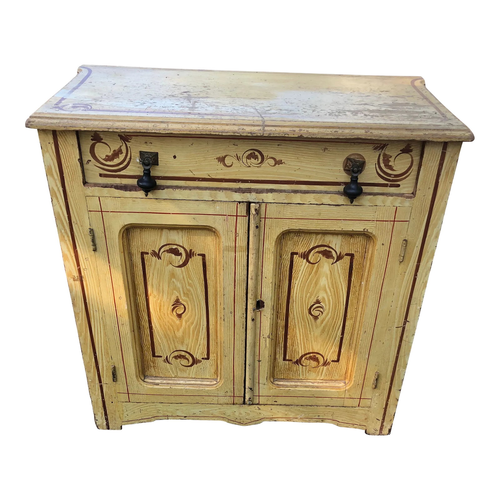 Small Vintage Hand Painted Amish Country Cabinet: Versatile small to medium sized hand painted rustic cabinet from Pennsylvania Amish country having single drawer and two doors that open to storage inside. Left in distressed condition. Many other mat