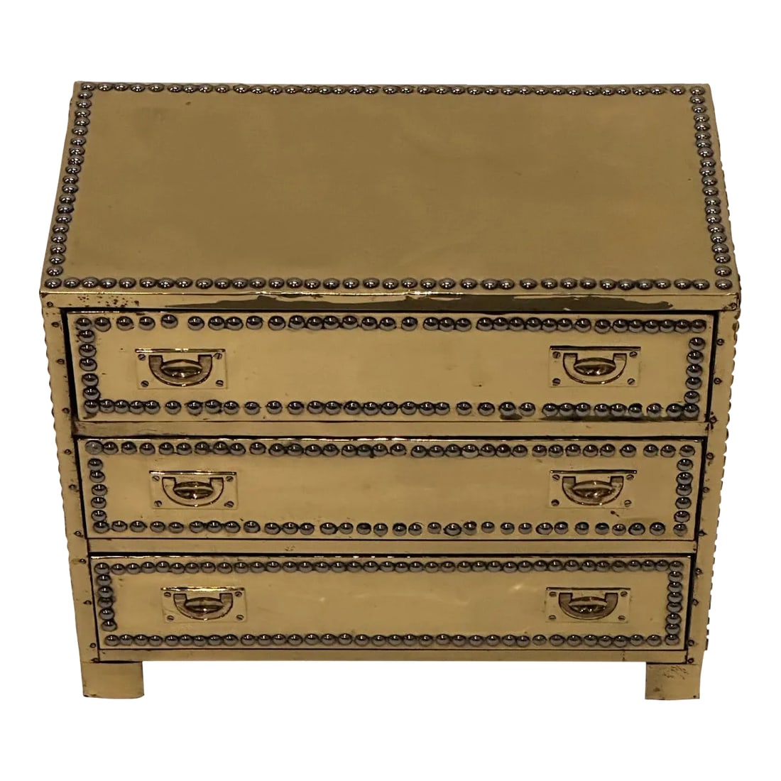Brass 3 Drawer Treasure Chest by Sarreid: Small captivating brass over wood small chest having 3 drawers and nailhead decoration with recessed handles. Condition: Alterations: Original Condition Unaltered Imperfections: Some Imperfections Con