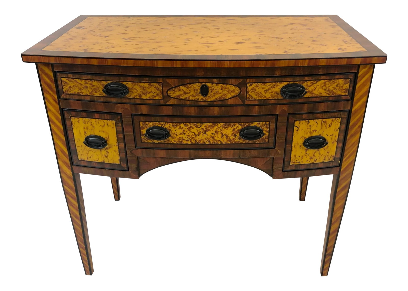 1980s Traditional Harden Furniture Painted Lowboy Chest: Eye catching decorative lowboy with richly patterned grain painting that gives the impression of a mix of woods such as zebrawood, burl and ebonized accents. One long narrow drawer at the top on top