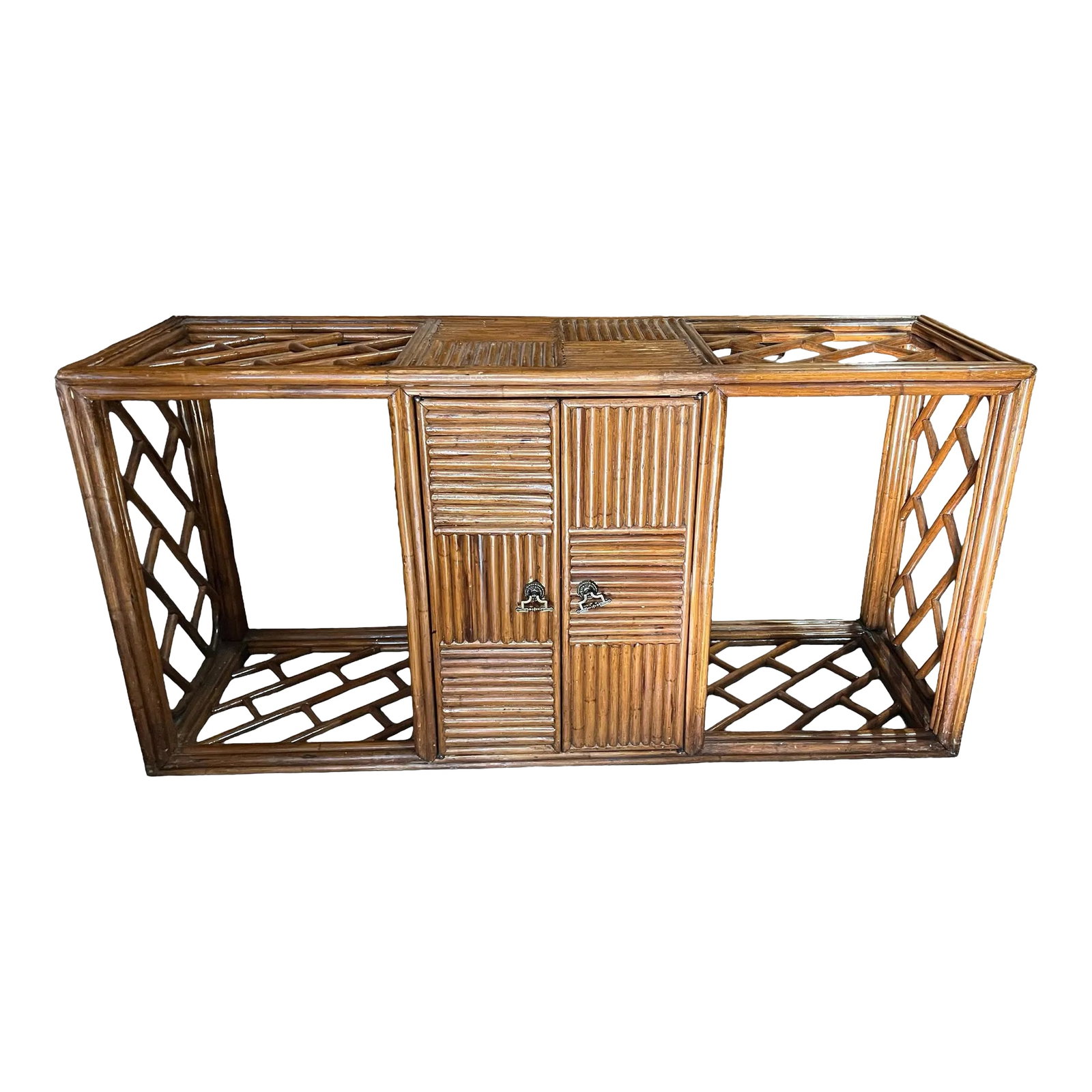 1970s Floating Bamboo Credenza: Gorgeous, solid and sturdy bamboo credenza can be used as is for adornment or also for utilitarian purposes, such as holding up a large TV or a large work of art. Perfect for the interior design enthu