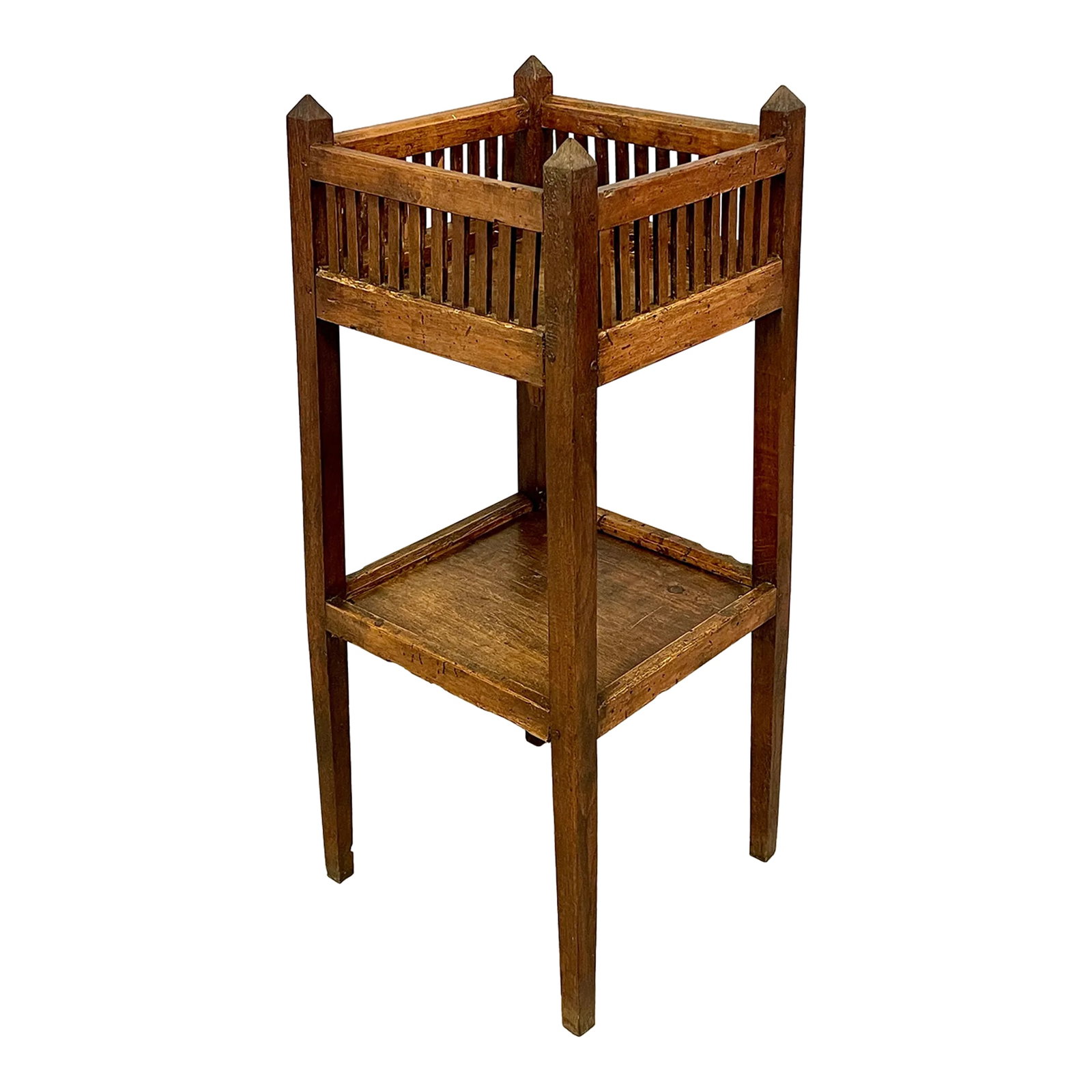 19th Century French Provincial Two Tiers Side Table: An early 19th century French Provincial two tiers side table made of oak and beechwood. Pegged construction. Wax patina. No restoration. Unusual country table with all the charms of an old used table.