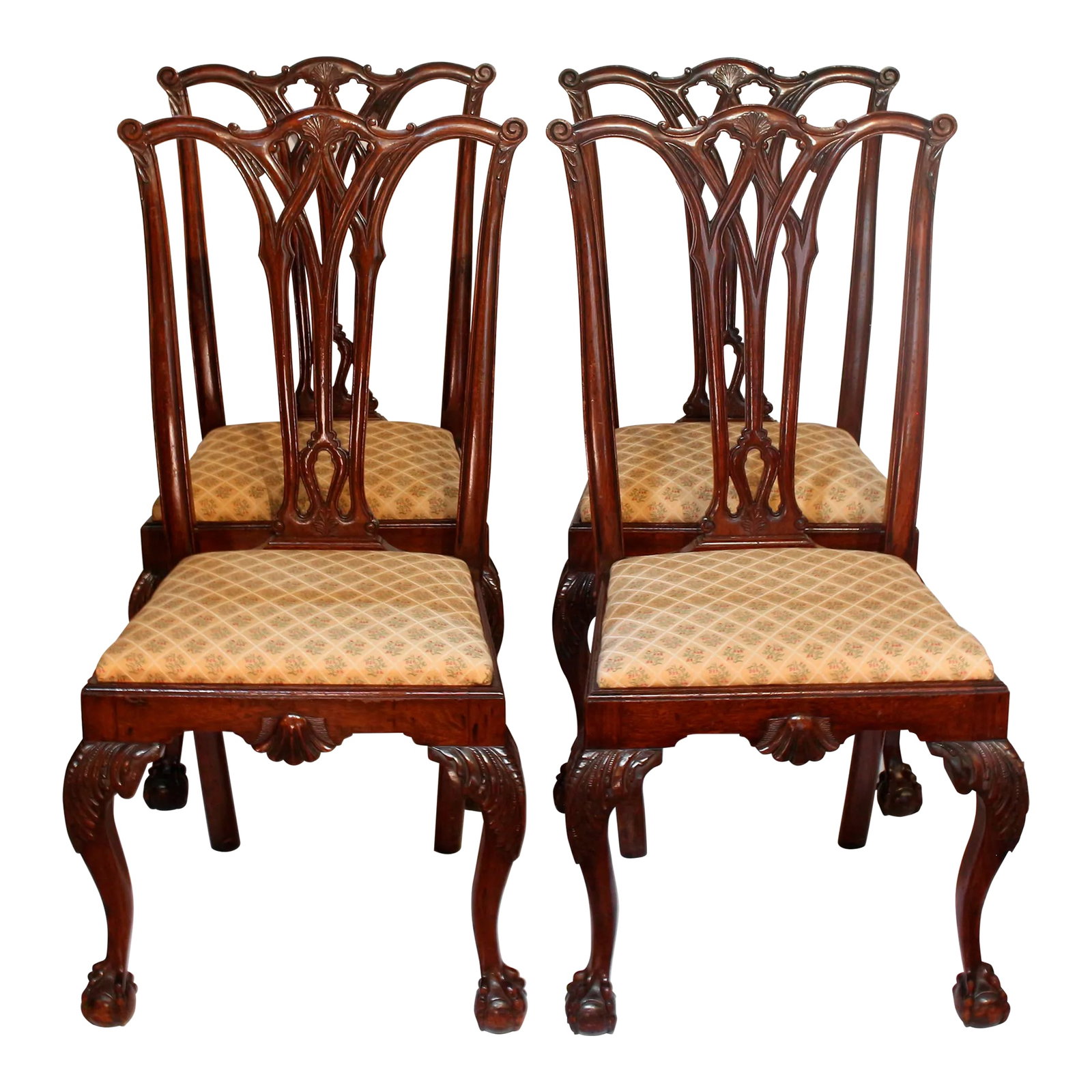 Set of 4 Colonial Revival Dining Chairs: Circa 1900 Set of 4 Dining Chairs, Colonial Revival, Philadelphia form. All sides; mahogany. Richly developed with Gothic influenced back splats, cabriole legs with ball & claw feet, carved kneed &