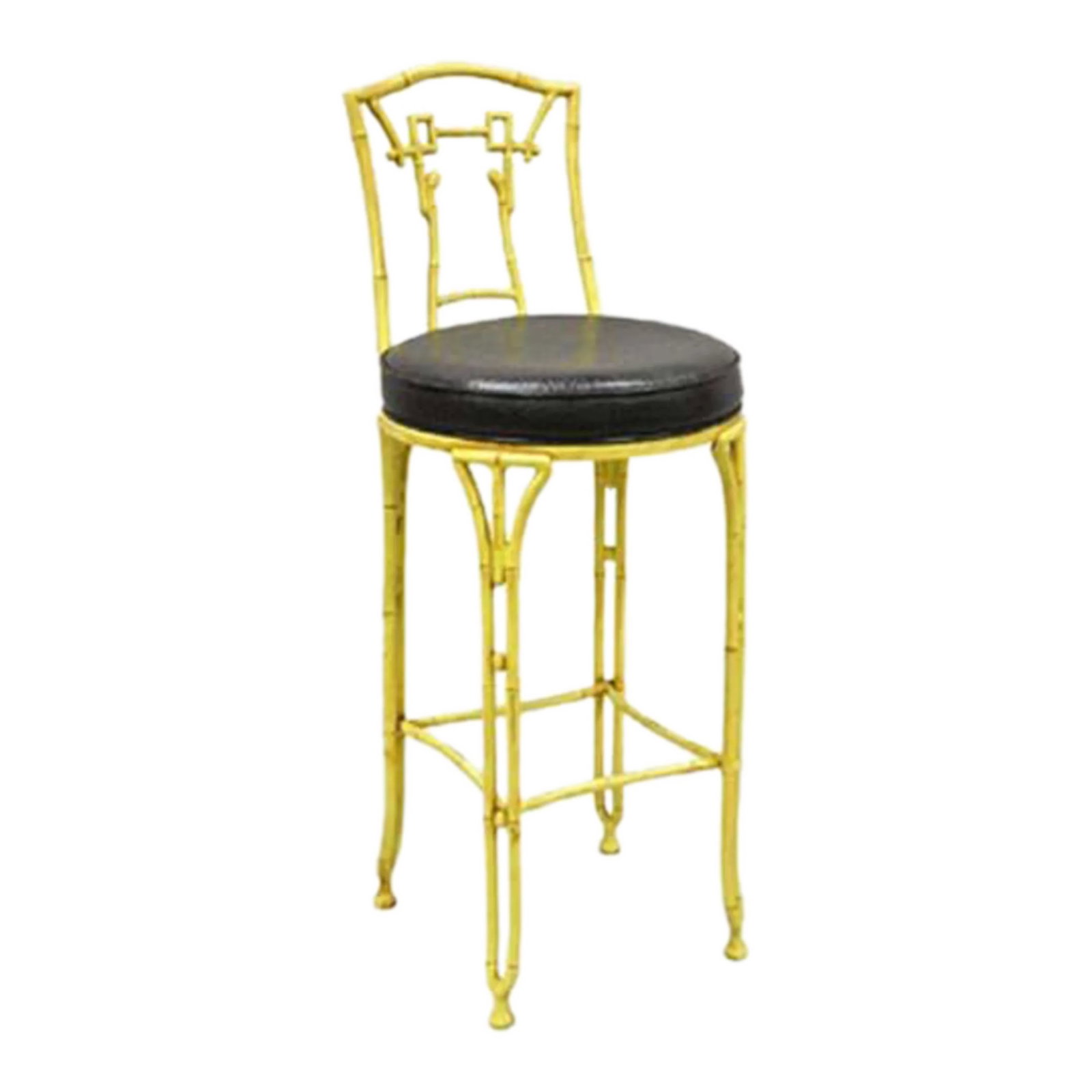Late 20th Century Vintage Chinese Chippendale Yellow Faux Bamboo Cast Aluminum Bar Stool: Vintage Chinese Chippendale Yellow Faux Bamboo Cast Aluminum Barstool. Circa Late 20th Century. Measurements: 41" H x 16.5" W x 19.75" D x 29.5" Seat Height. Condition: Alterations: Original Condition