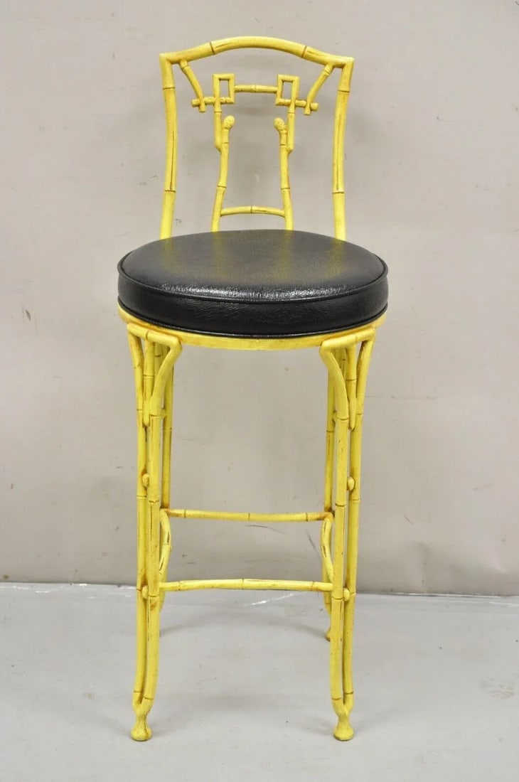 Late 20th Century Vintage Chinese Chippendale Yellow Faux Bamboo Cast Aluminum Bar Stool - 2