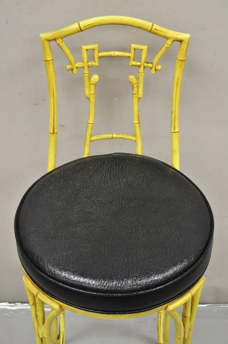 Late 20th Century Vintage Chinese Chippendale Yellow Faux Bamboo Cast Aluminum Bar Stool - 4