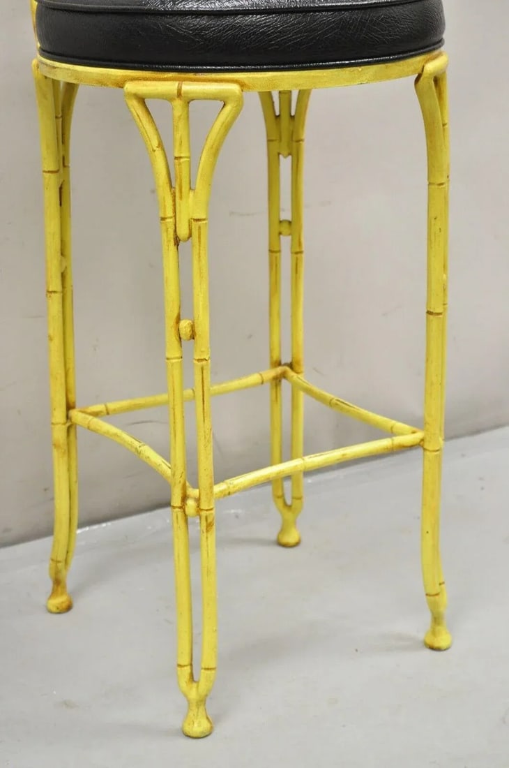 Late 20th Century Vintage Chinese Chippendale Yellow Faux Bamboo Cast Aluminum Bar Stool - 5