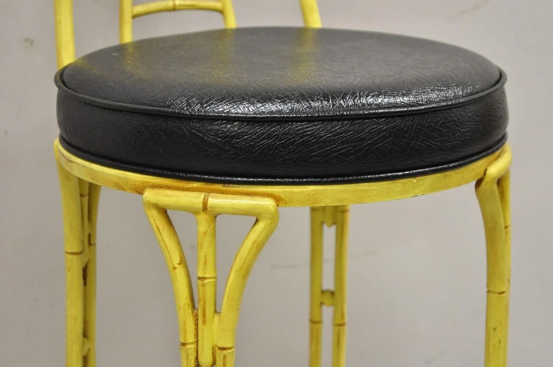 Late 20th Century Vintage Chinese Chippendale Yellow Faux Bamboo Cast Aluminum Bar Stool - 6