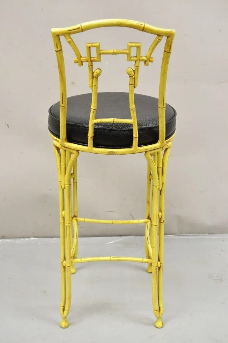 Late 20th Century Vintage Chinese Chippendale Yellow Faux Bamboo Cast Aluminum Bar Stool - 7