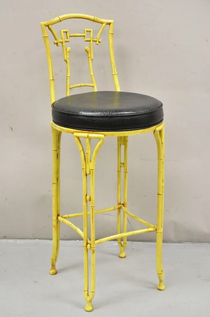 Late 20th Century Vintage Chinese Chippendale Yellow Faux Bamboo Cast Aluminum Bar Stool - 8