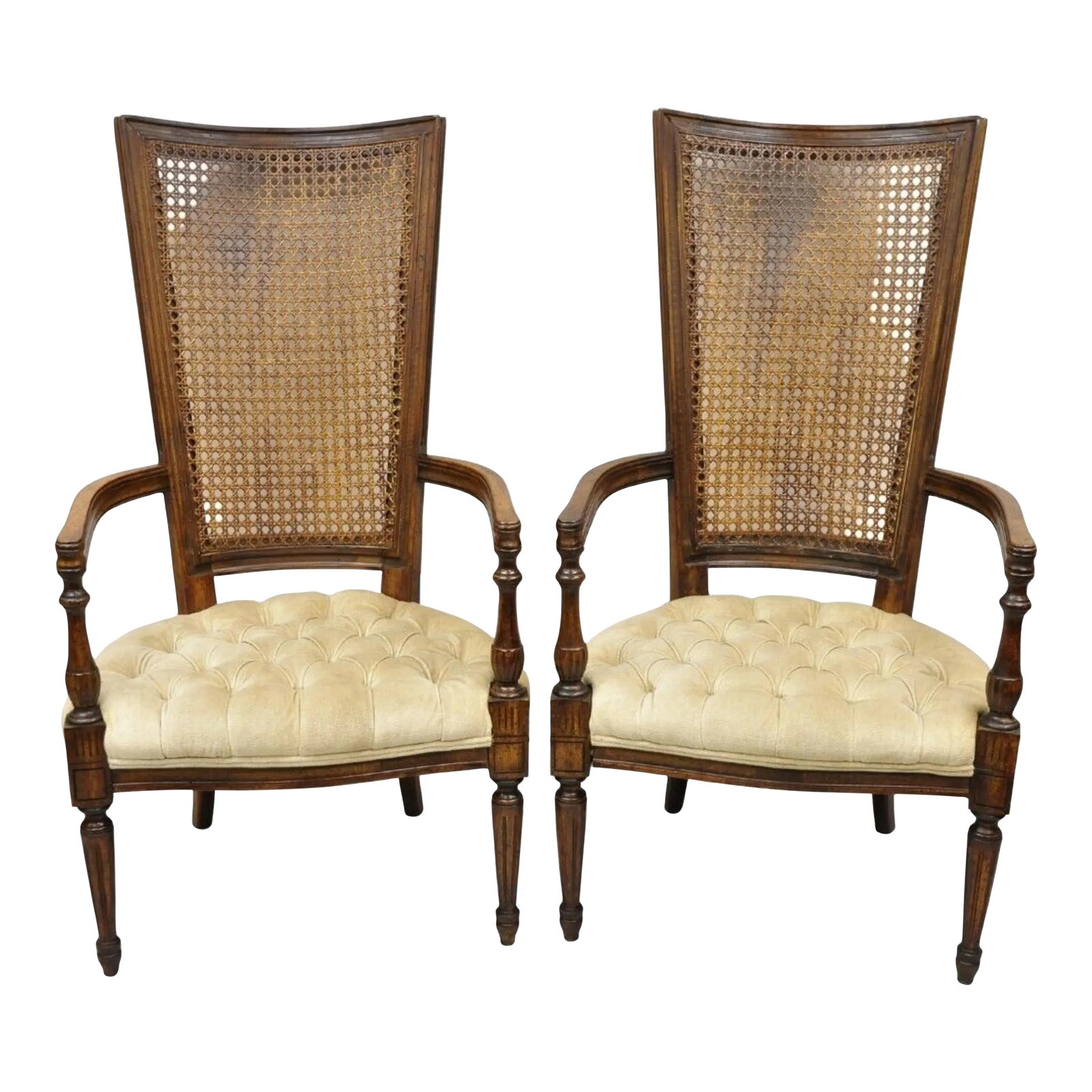 Mid 20th Century Vintage Hollywood Regency Tall Cane Back Fireside Lounge Armchairs - a Pair: Vintage Hollywood Regency Tall Cane Back Fireside Lounge Armchairs - a Pair. Circa Mid 20th Century. Measurements: 47" H x 26" W x 30" D x 15.5" Seat Height x 26" Arm Height. Condition: Alterations: