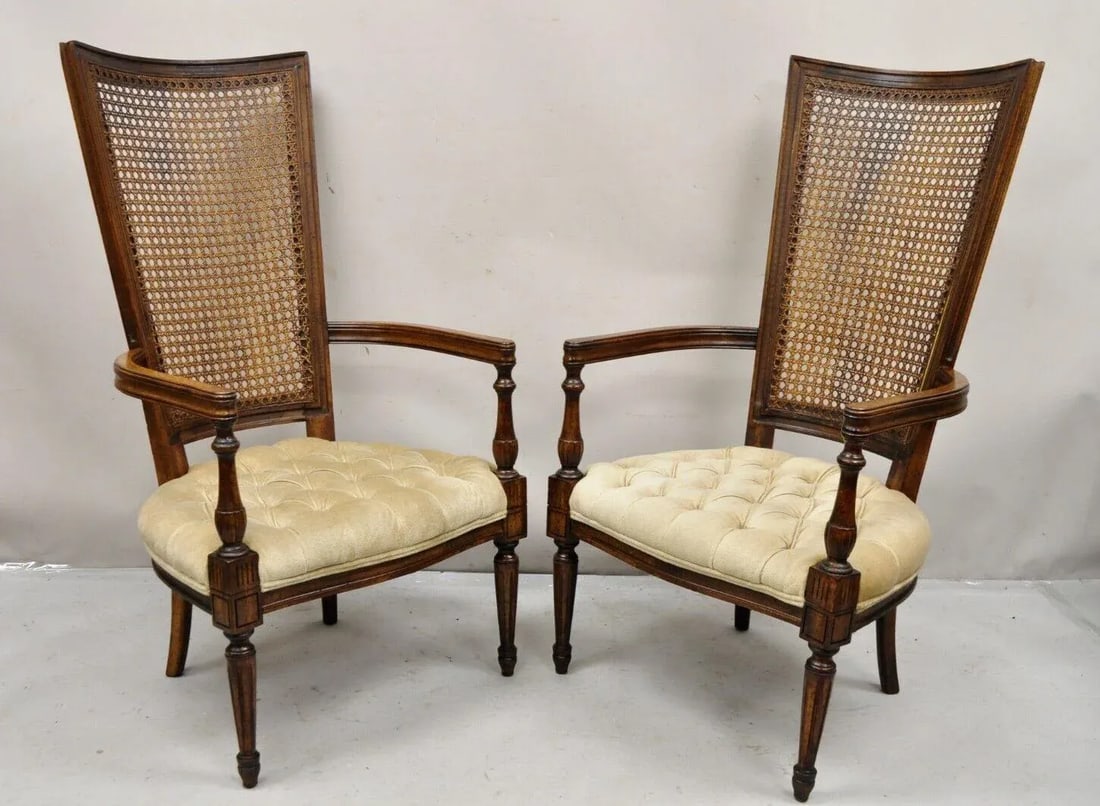 Mid 20th Century Vintage Hollywood Regency Tall Cane Back Fireside Lounge Armchairs - a Pair - 2