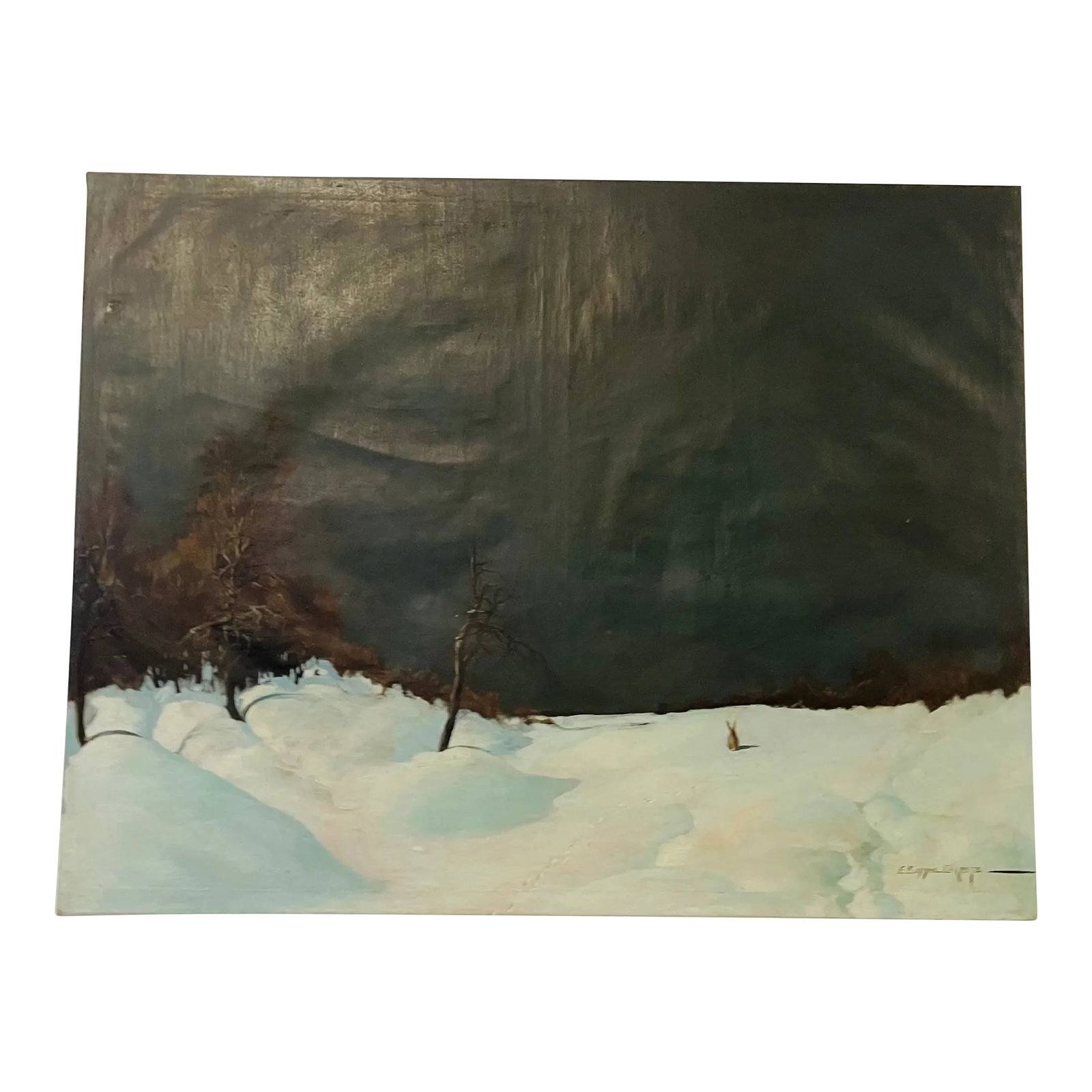 Dark Academia Antique Winter Landscape With Rabbit Painting Oil on Canvas Fine Art: Cca 1900 antique European oil on canvas winter landscape painting with hare, signed. Rare and unique. Condition: Alterations: Original Condition Unaltered Imperfections: Some Imperfections Condition