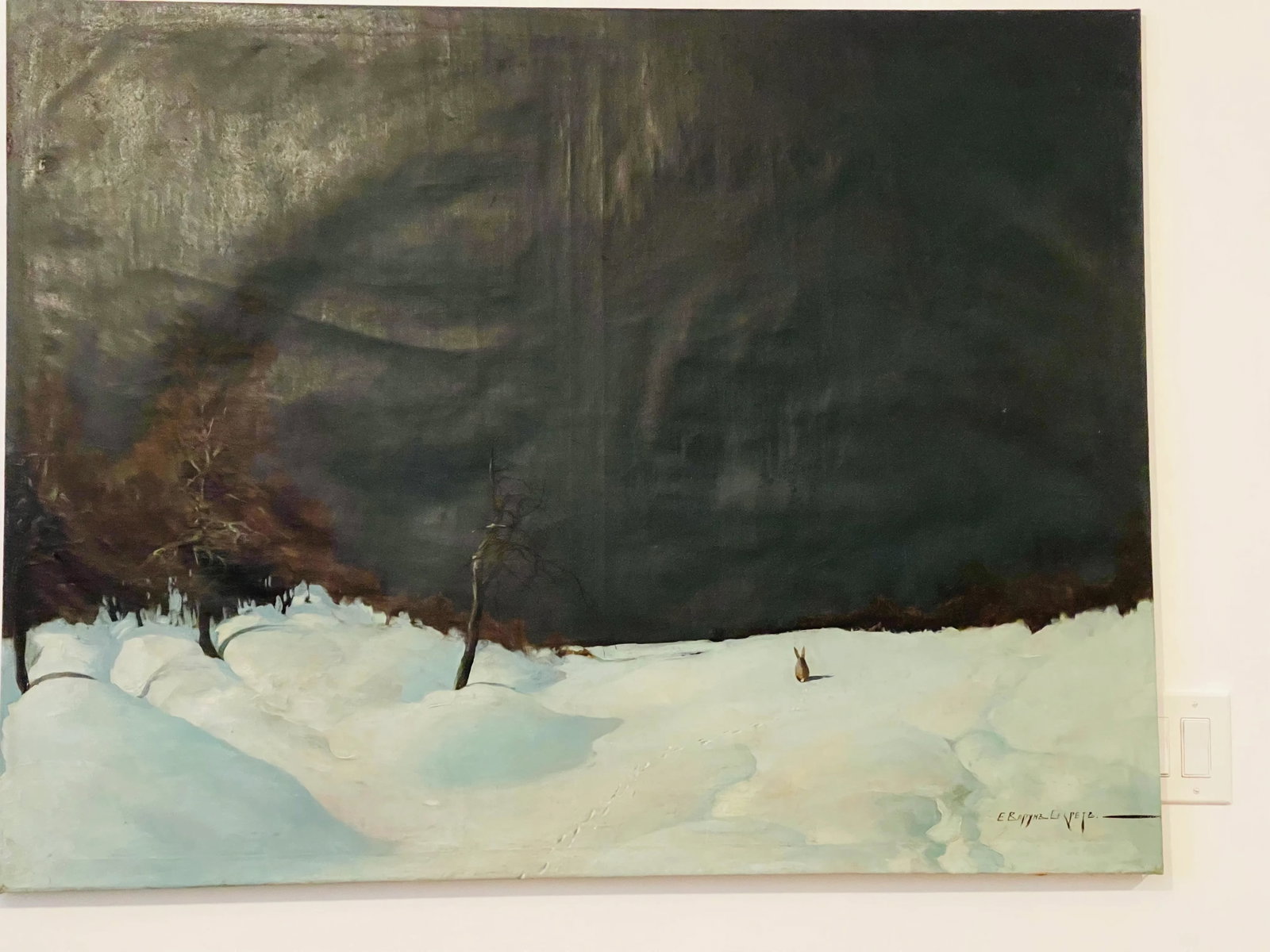 Dark Academia Antique Winter Landscape With Rabbit Painting Oil on Canvas Fine Art - 2