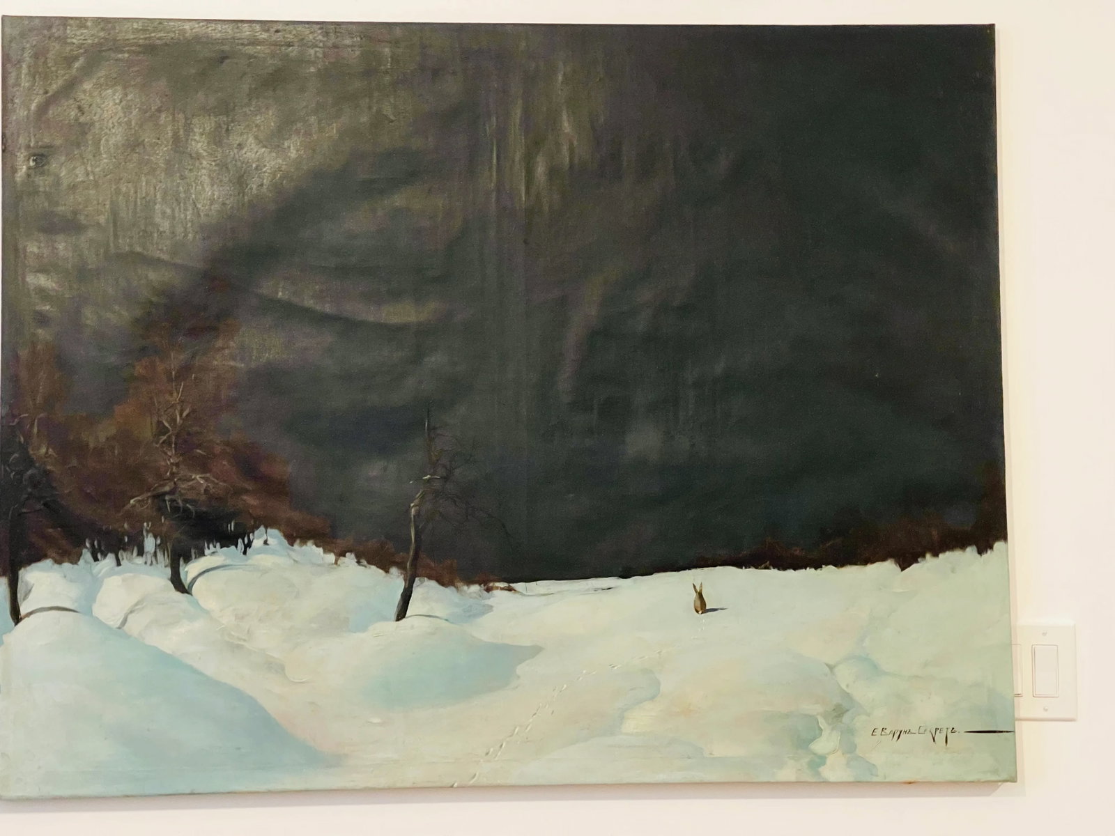 Dark Academia Antique Winter Landscape With Rabbit Painting Oil on Canvas Fine Art - 7