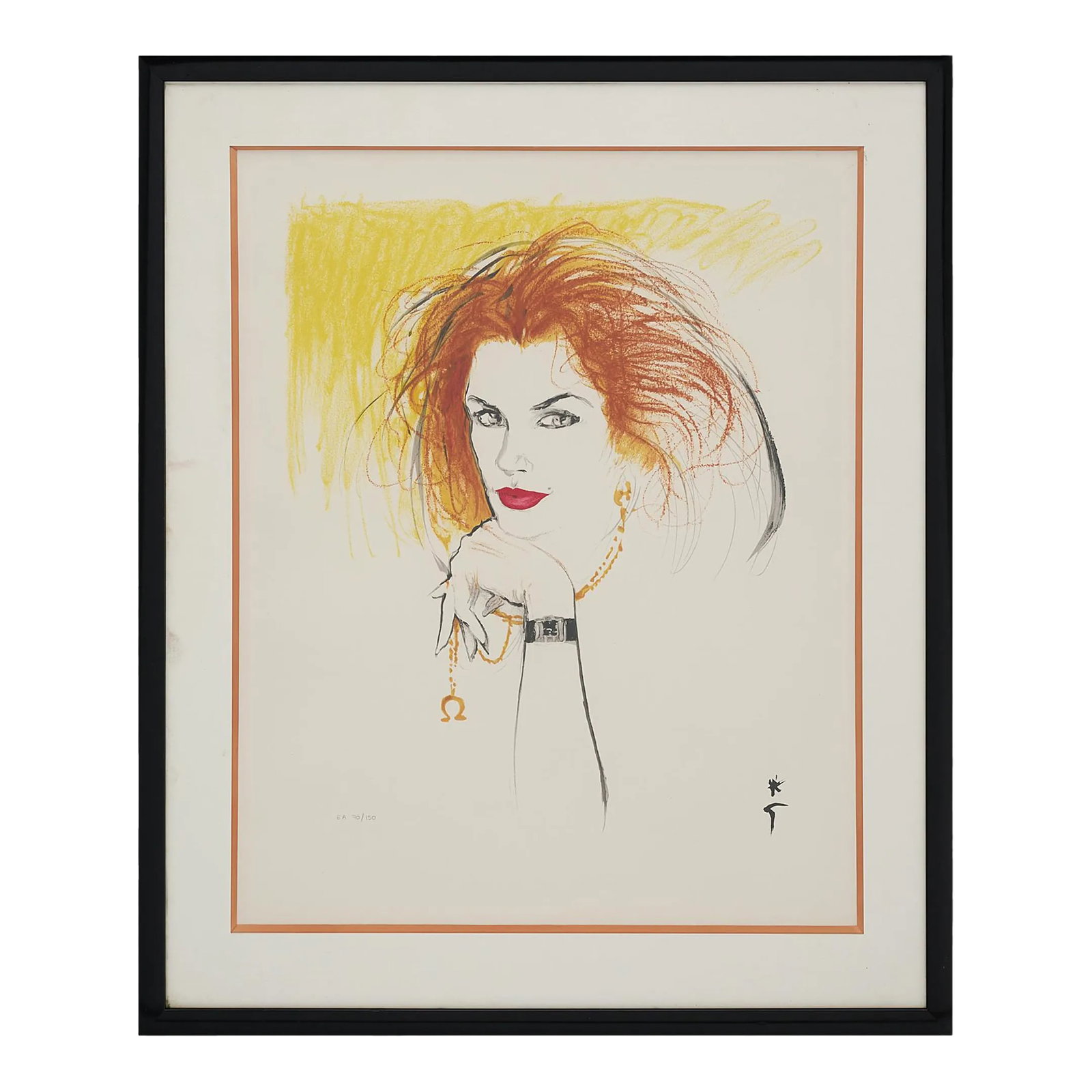 Cindy Crawford by Rene Gruau Lithograph: Lithography, representing Cindy Crawford by Rene Gruau for an advertisement for watch brand Omega. Black lacquered high gloss wooden frame. Condition: Alterations: Original Condition Unaltered Imperfe