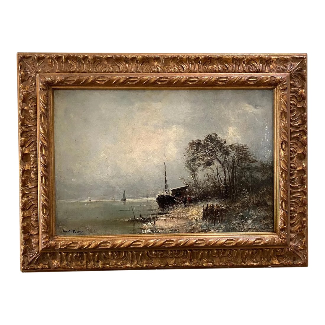 Impressionist Oil Painting by Listed Artist Frank Myers Boggs: Frank Myers Boggs is a well known Impressionist painter who is currently exhibited in many museums, such at the Metroploitan Museum of Art in New York. This is a wonderful example of his nautical pain