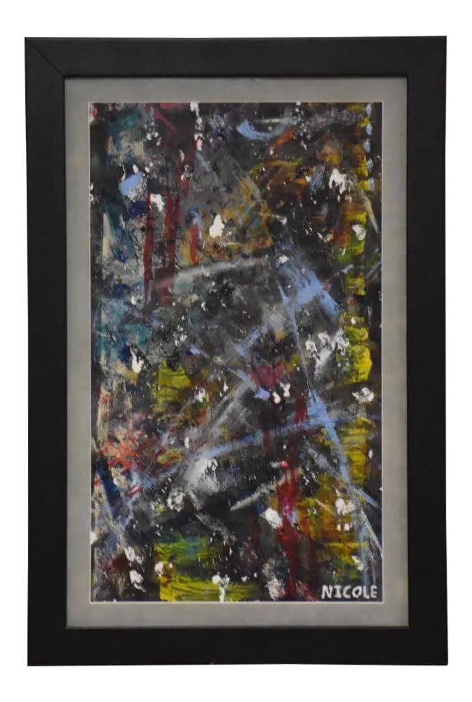 1970s Abstract Oil Painting Signed Nicole: A beautiful and colorful abstract painting signed Nicole with a black frame. Minor wear to frame. 17.25" wide. 25.75" tall. Condition: Alterations: Original Condition Unaltered Imperfections: Some