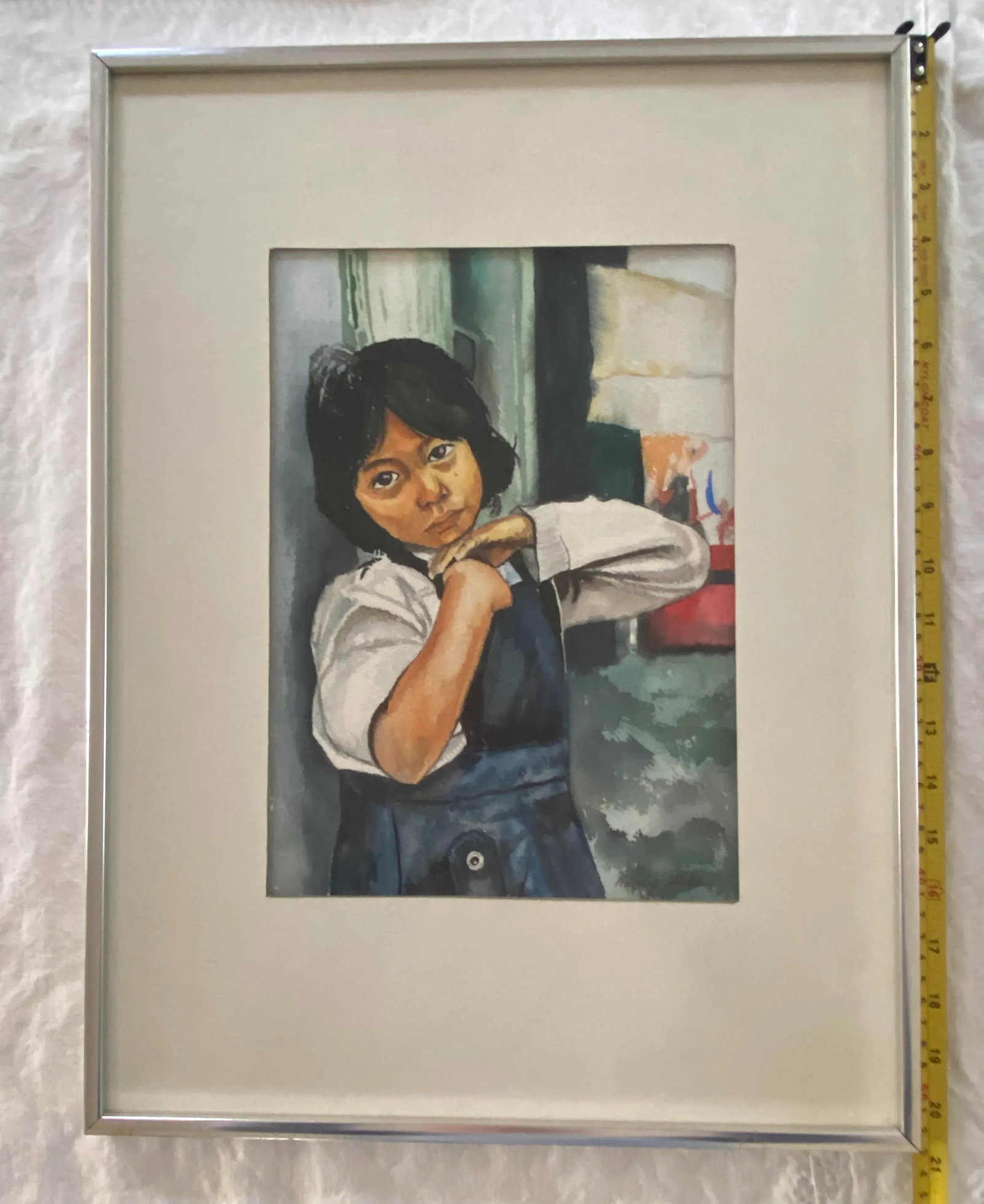 Mid 20th Century Framed Watercolor "Portrait of a Native American Girl With Sad Eyes" by Artist Harr - 10