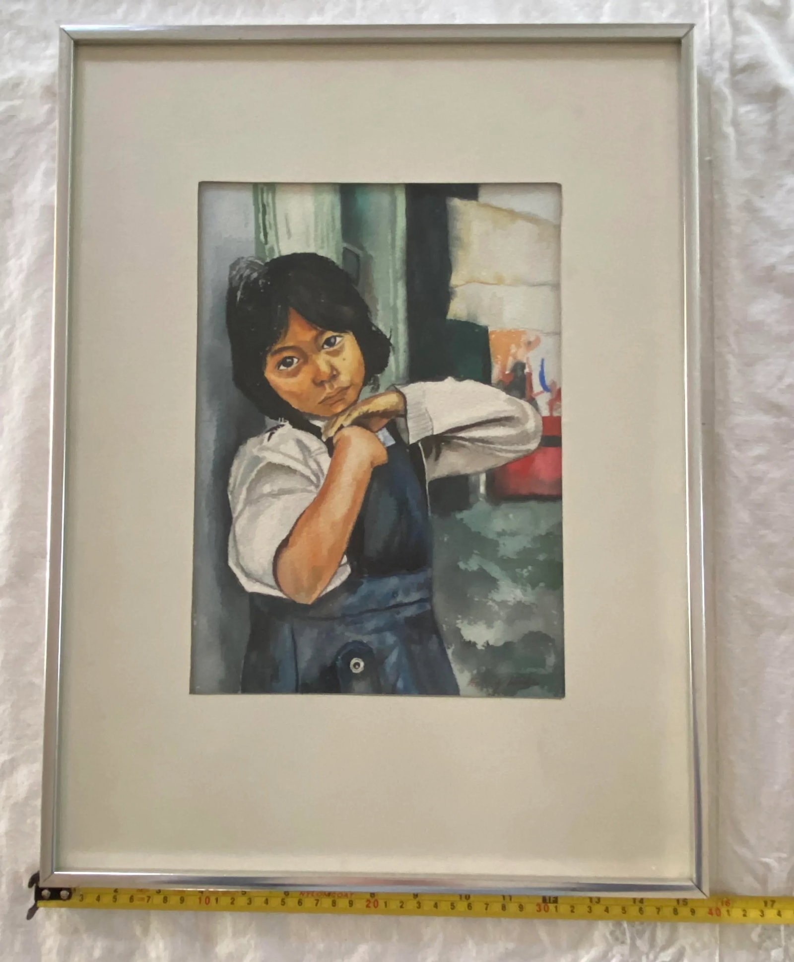 Mid 20th Century Framed Watercolor "Portrait of a Native American Girl With Sad Eyes" by Artist Harr - 11