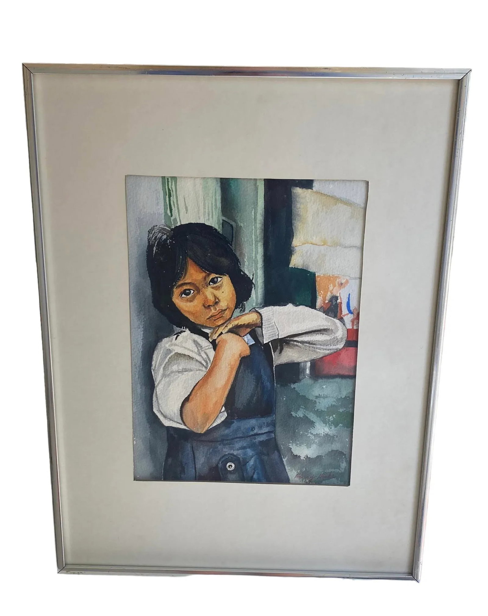 Mid 20th Century Framed Watercolor "Portrait of a Native American Girl With Sad Eyes" by Artist Harr - 13