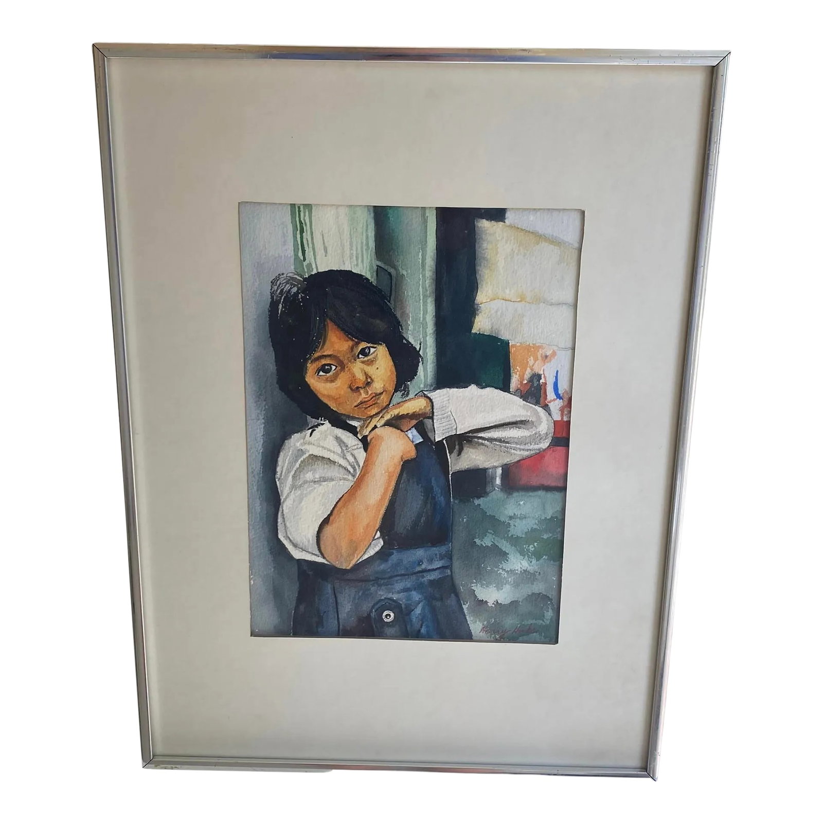 Mid 20th Century Framed Watercolor "Portrait of a Native American Girl With Sad Eyes" by Artist Harr: This stunning mid 20th century watercolor portrait by artist Harry Hicks captures the essence of a Native American girl with sad eyes. The delicate brushstrokes and muted color palette create a haunti