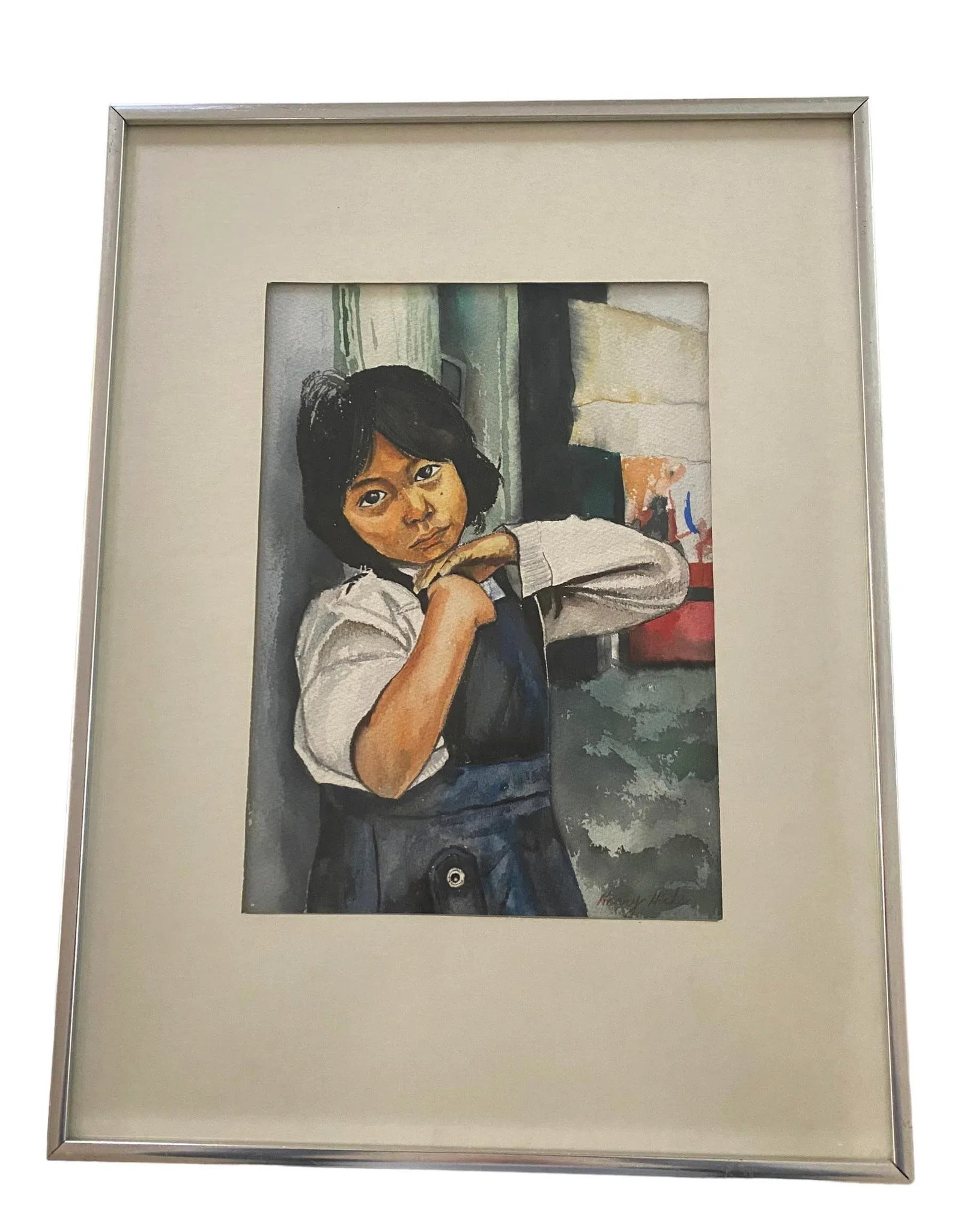 Mid 20th Century Framed Watercolor "Portrait of a Native American Girl With Sad Eyes" by Artist Harr - 2