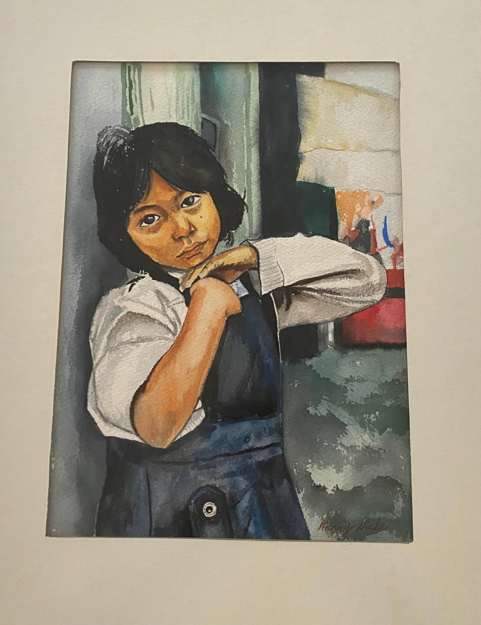 Mid 20th Century Framed Watercolor "Portrait of a Native American Girl With Sad Eyes" by Artist Harr - 3