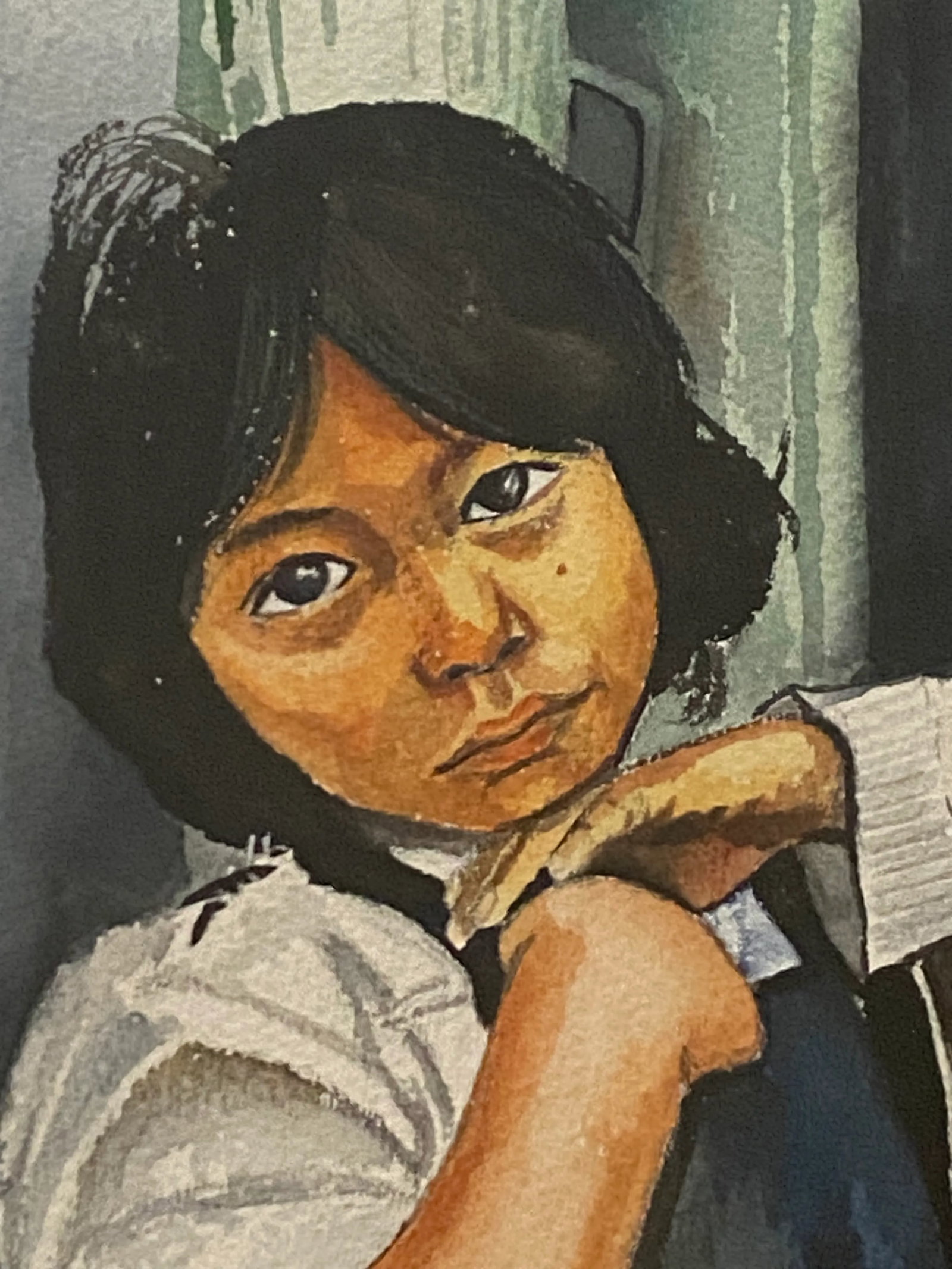Mid 20th Century Framed Watercolor "Portrait of a Native American Girl With Sad Eyes" by Artist Harr - 5