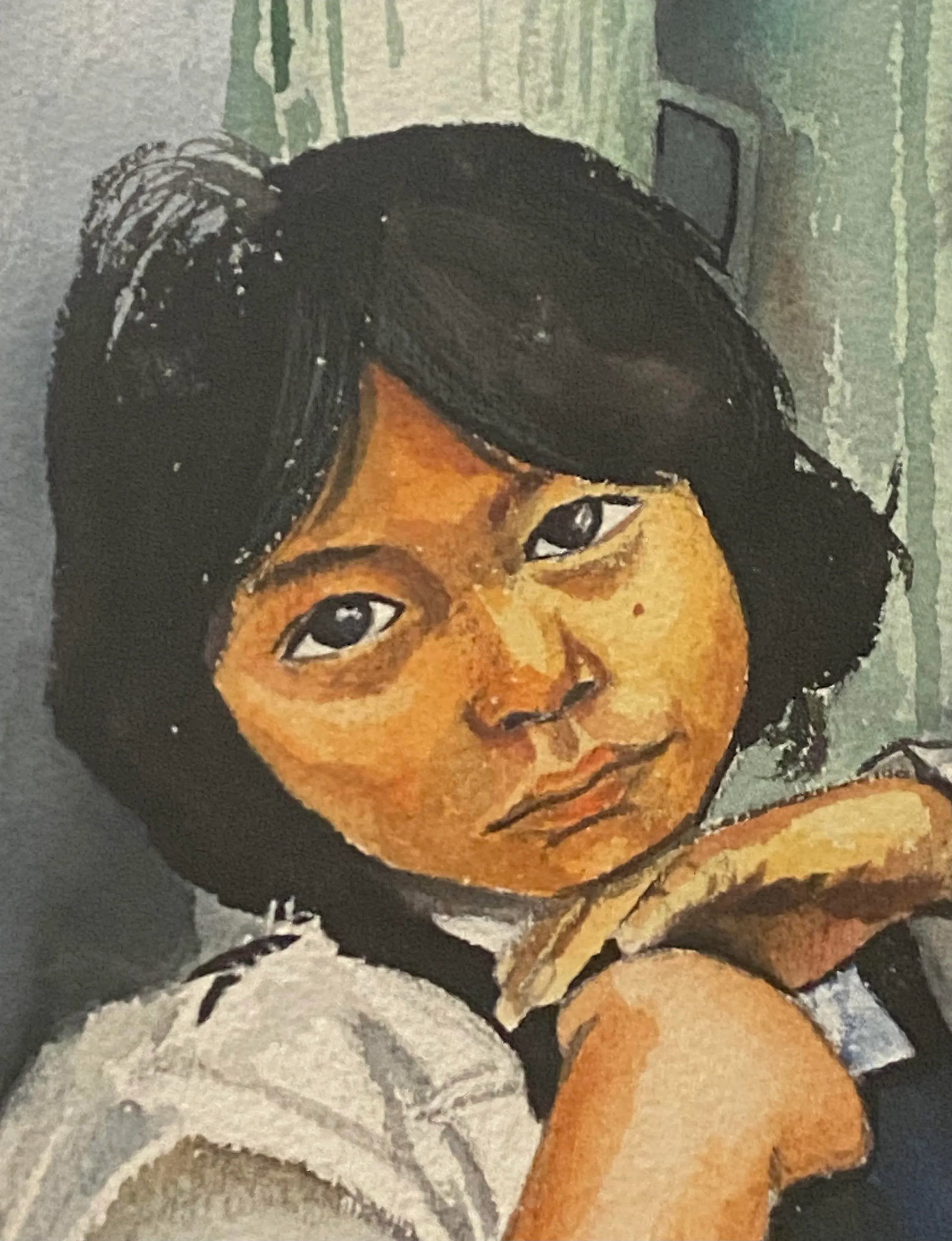Mid 20th Century Framed Watercolor "Portrait of a Native American Girl With Sad Eyes" by Artist Harr - 6