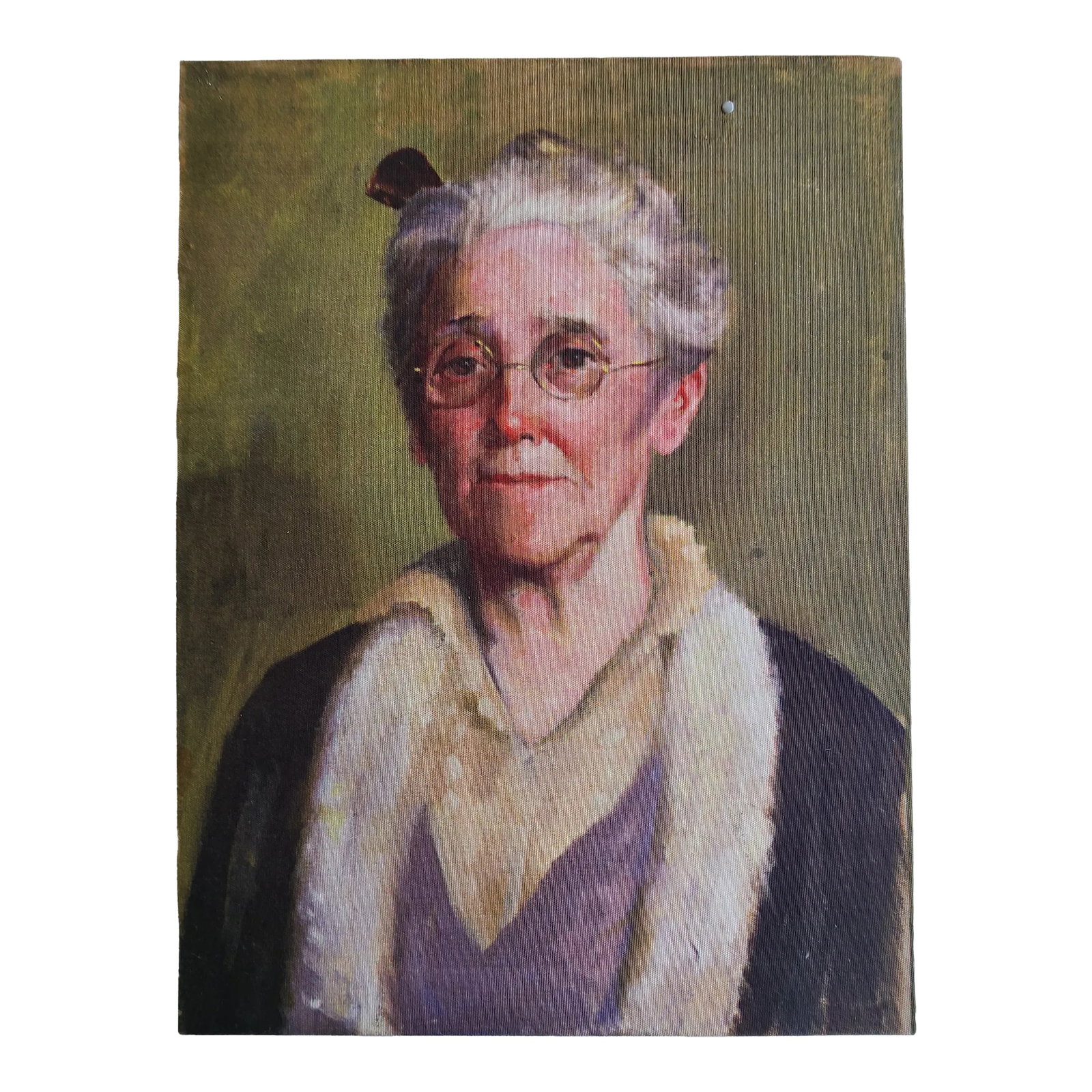 Mid 20th Century Woman's Portrait Print on Canvas: In the late 1940's, a process of transferring images to fabric and canvas was discovered.. I believe this estate sale find of a grandmotherly woman's portrait is a great example of this. There is so m
