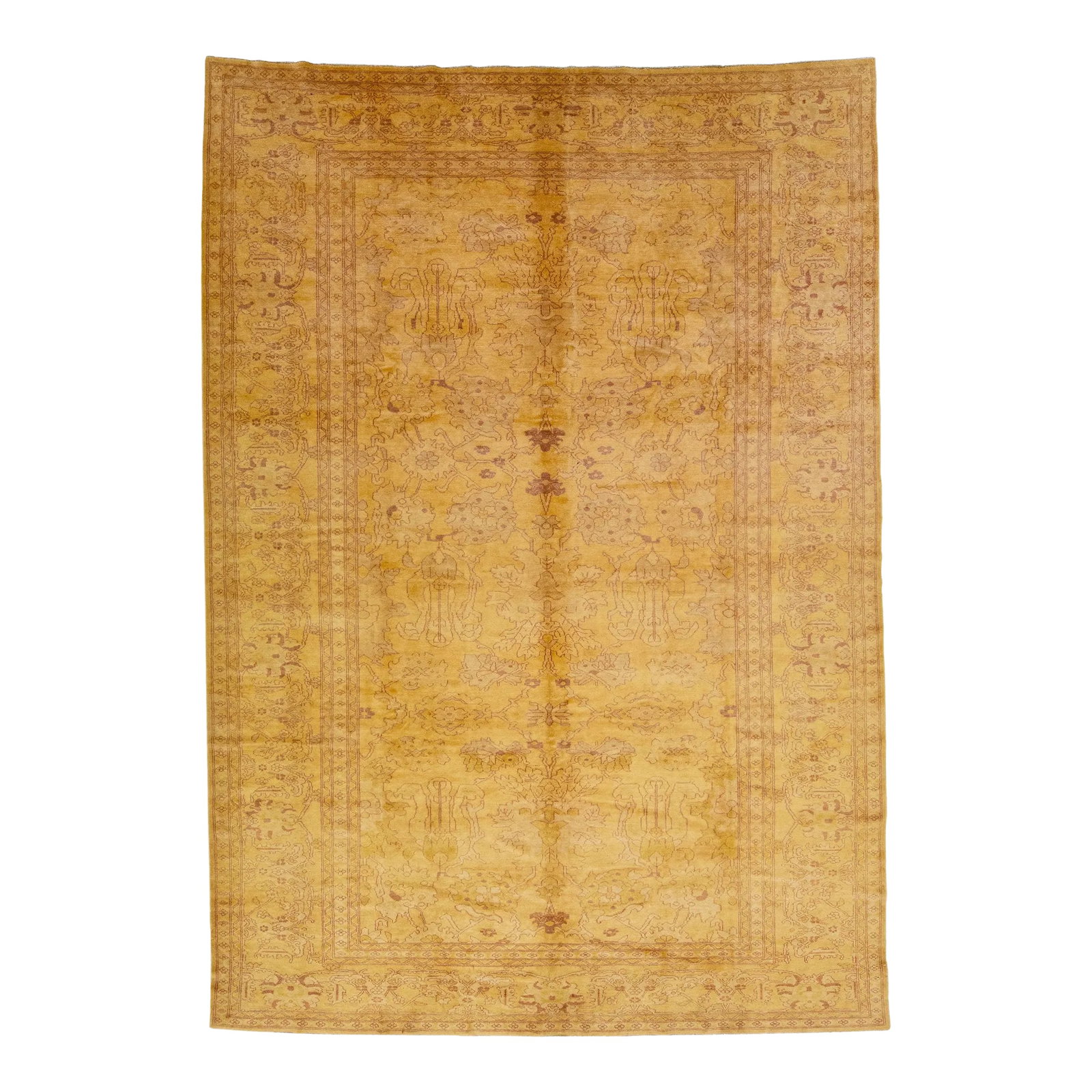 1960s Indian Vintage Wool Rug With Allover Floral Design in Goldenrod: This hand-knotted wool rug boasts a beautiful vintage Indian design featuring a goldenrod color field color accentuated with stunning brown accents in an elegant all-over pattern. This rug measures 9'